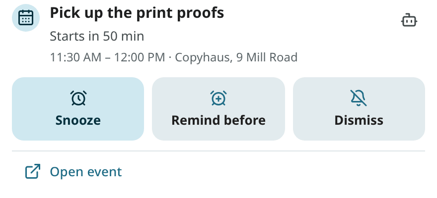 The reminder sheet for an event