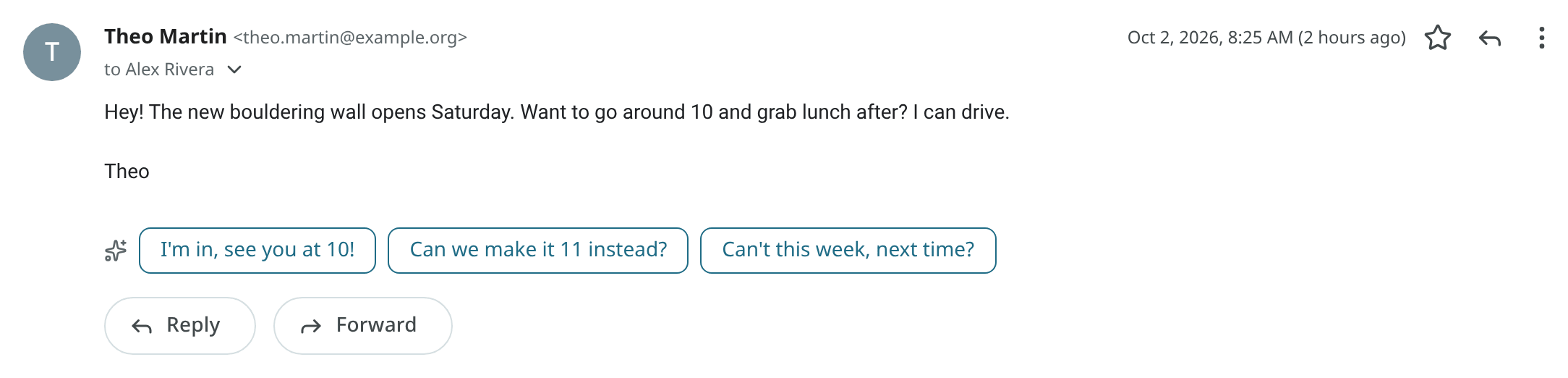 Three reply suggestions under Theo's email