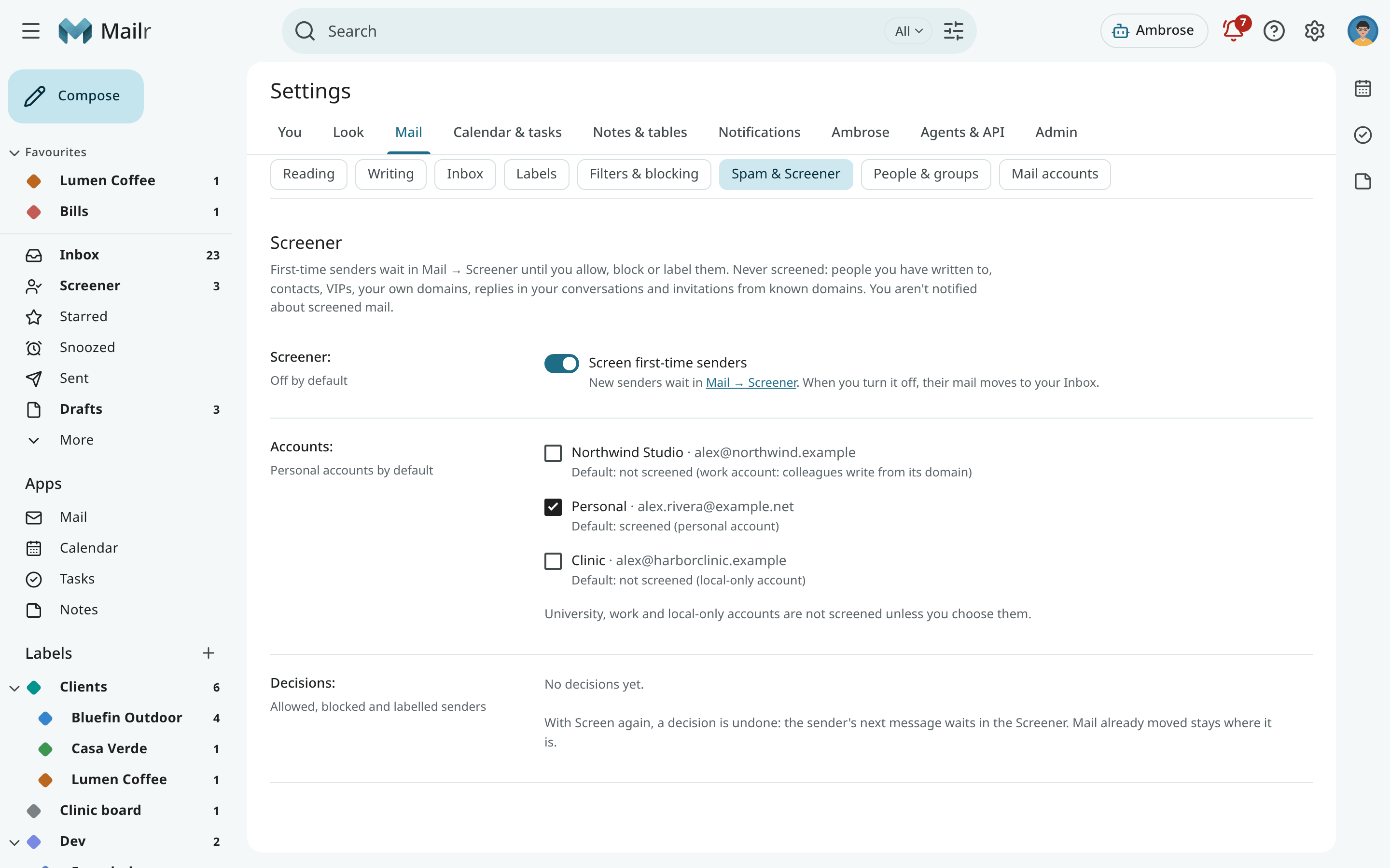 Settings → Mail → Spam & Screener: on or off, accounts and decisions