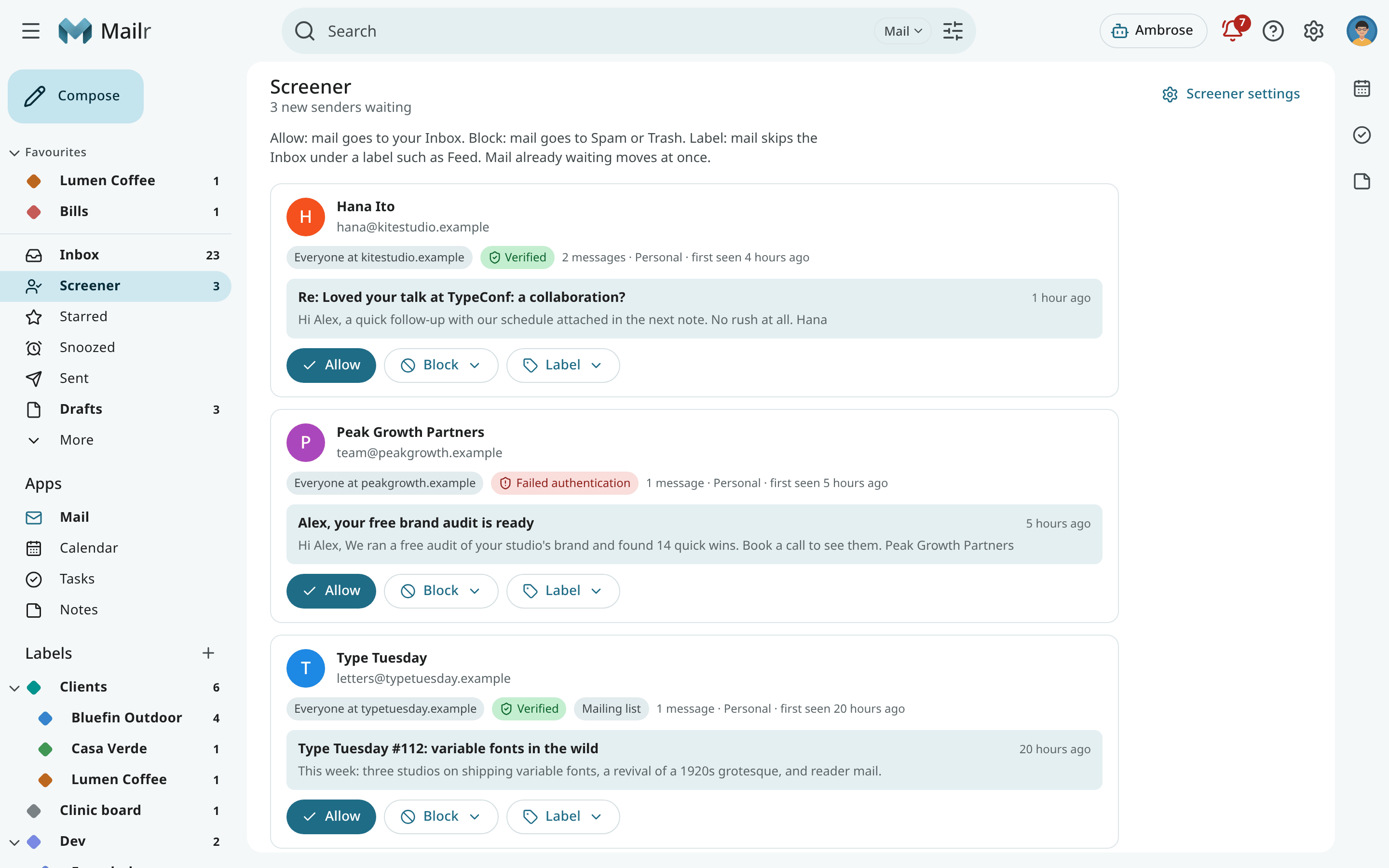 Mail → Screener with first-time senders waiting