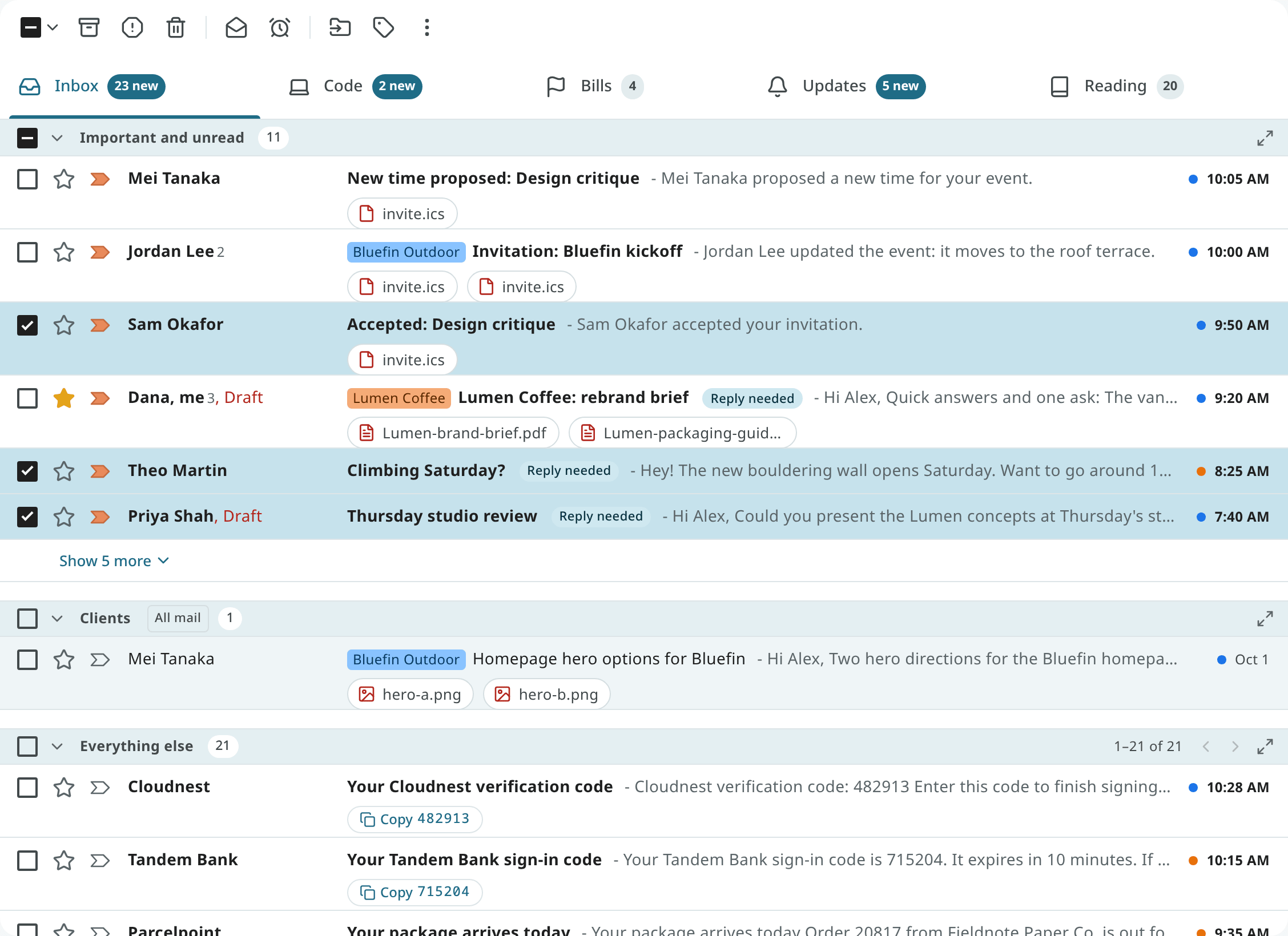 A selection of three conversations with the toolbar actions