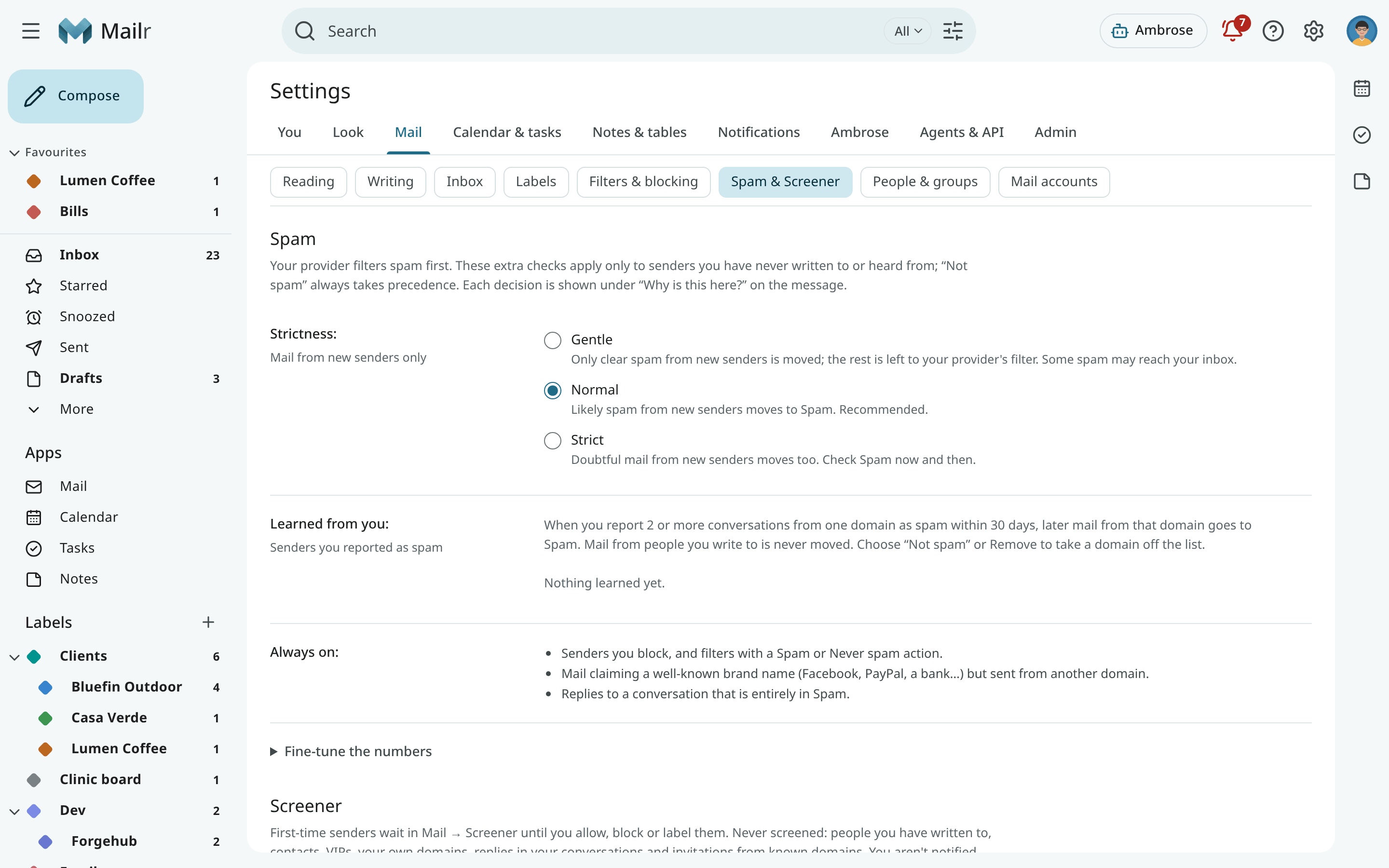Settings → Mail → Spam & Screener