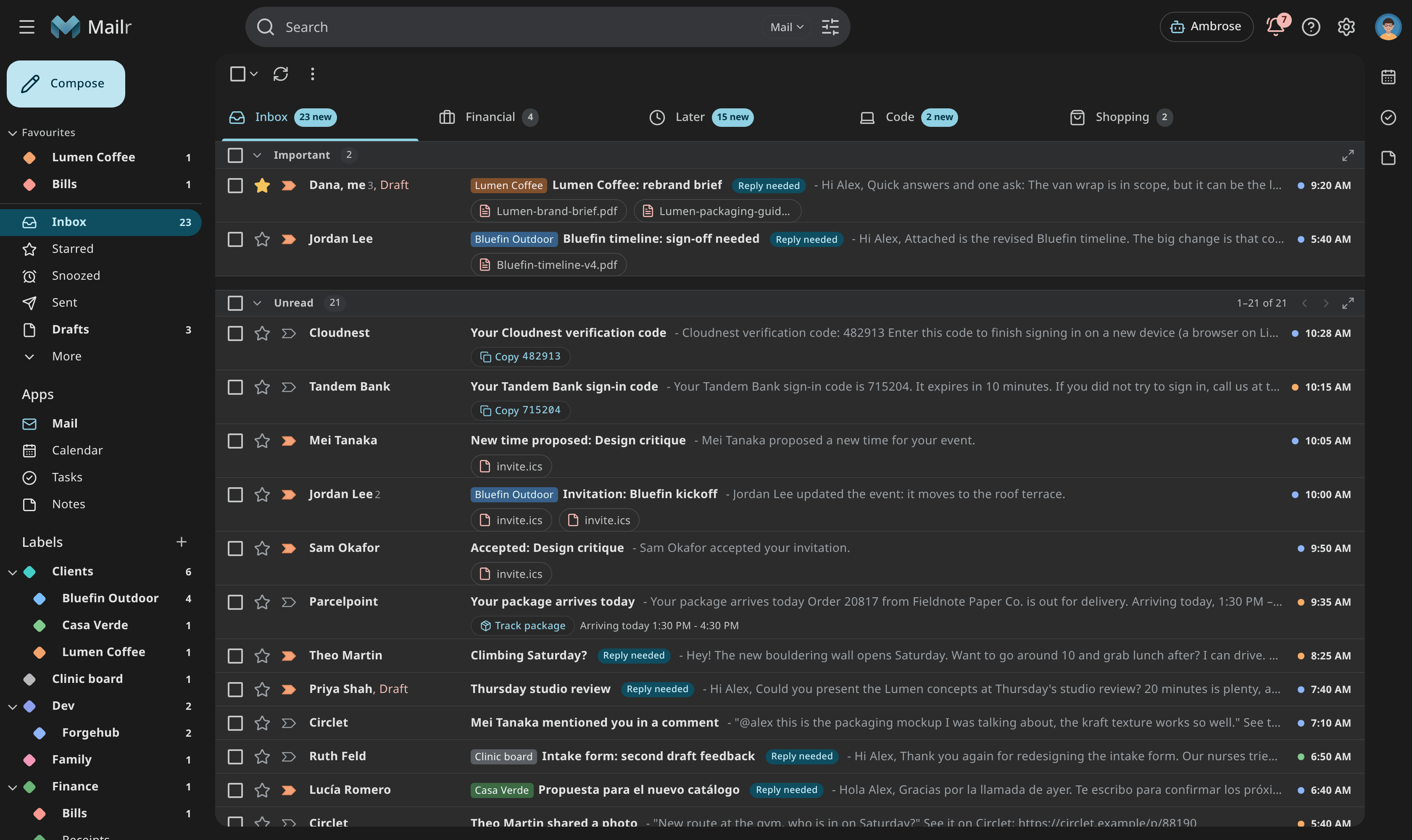 A layout with Inbox, Financial, Later, Code and Shopping tabs, every indicator shown, in the dark scheme