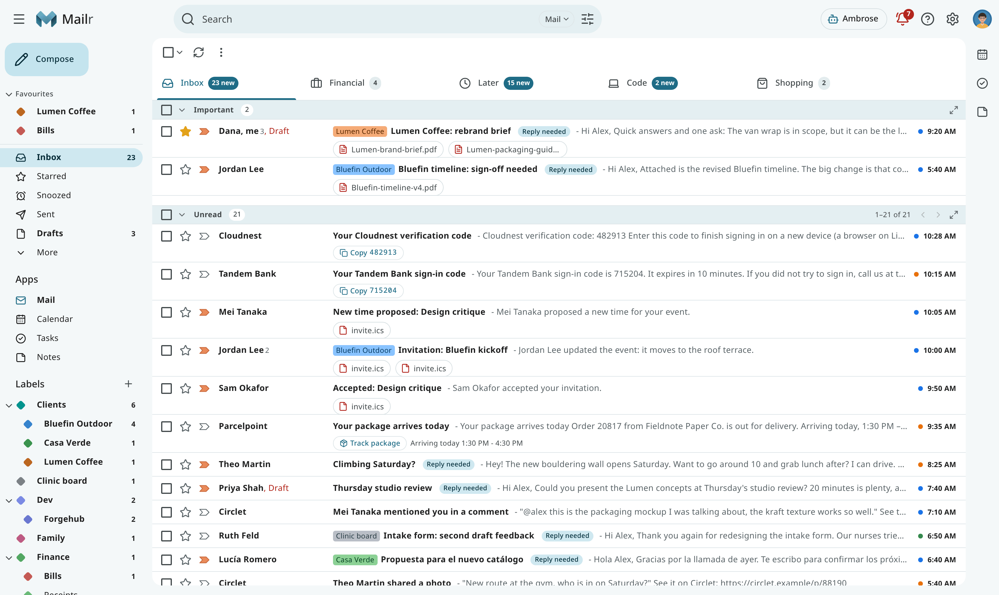 An inbox with Inbox, Financial, Later, Code and Shopping tabs, with due dates on the tabs and rows