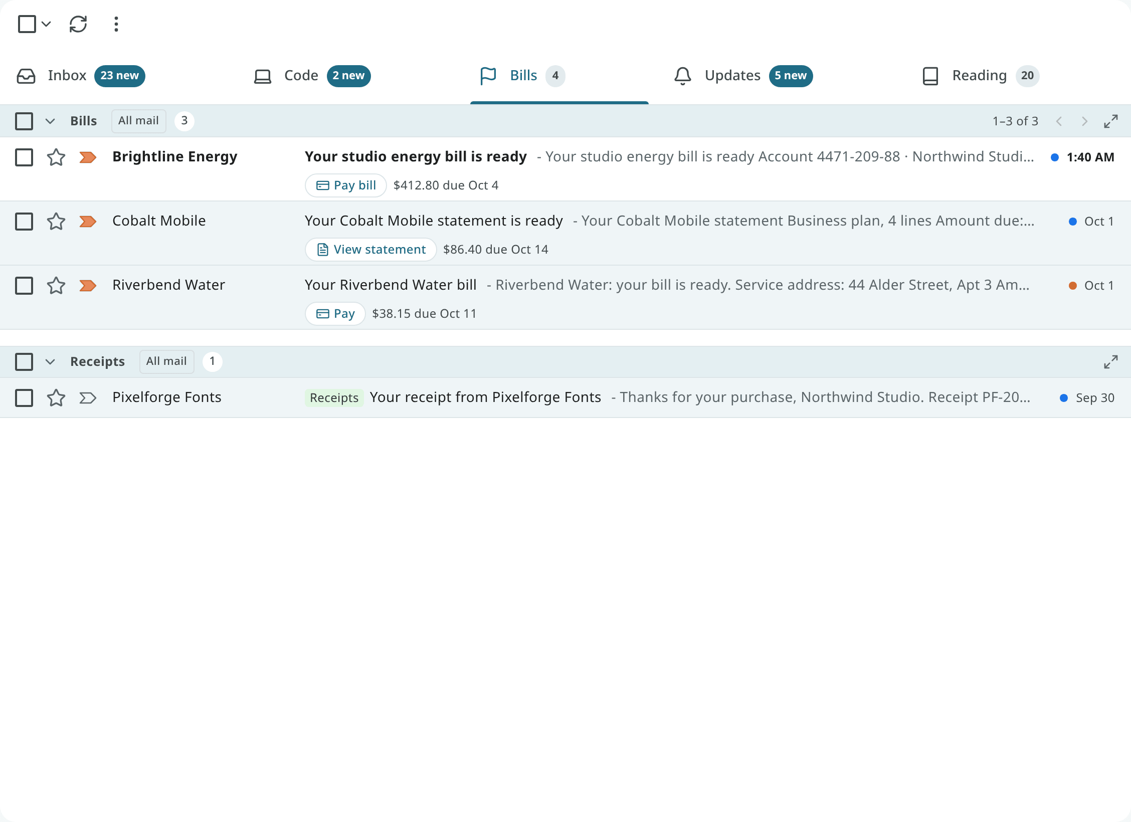 The Studio layout: Inbox, Code, Bills, Updates and Reading tabs