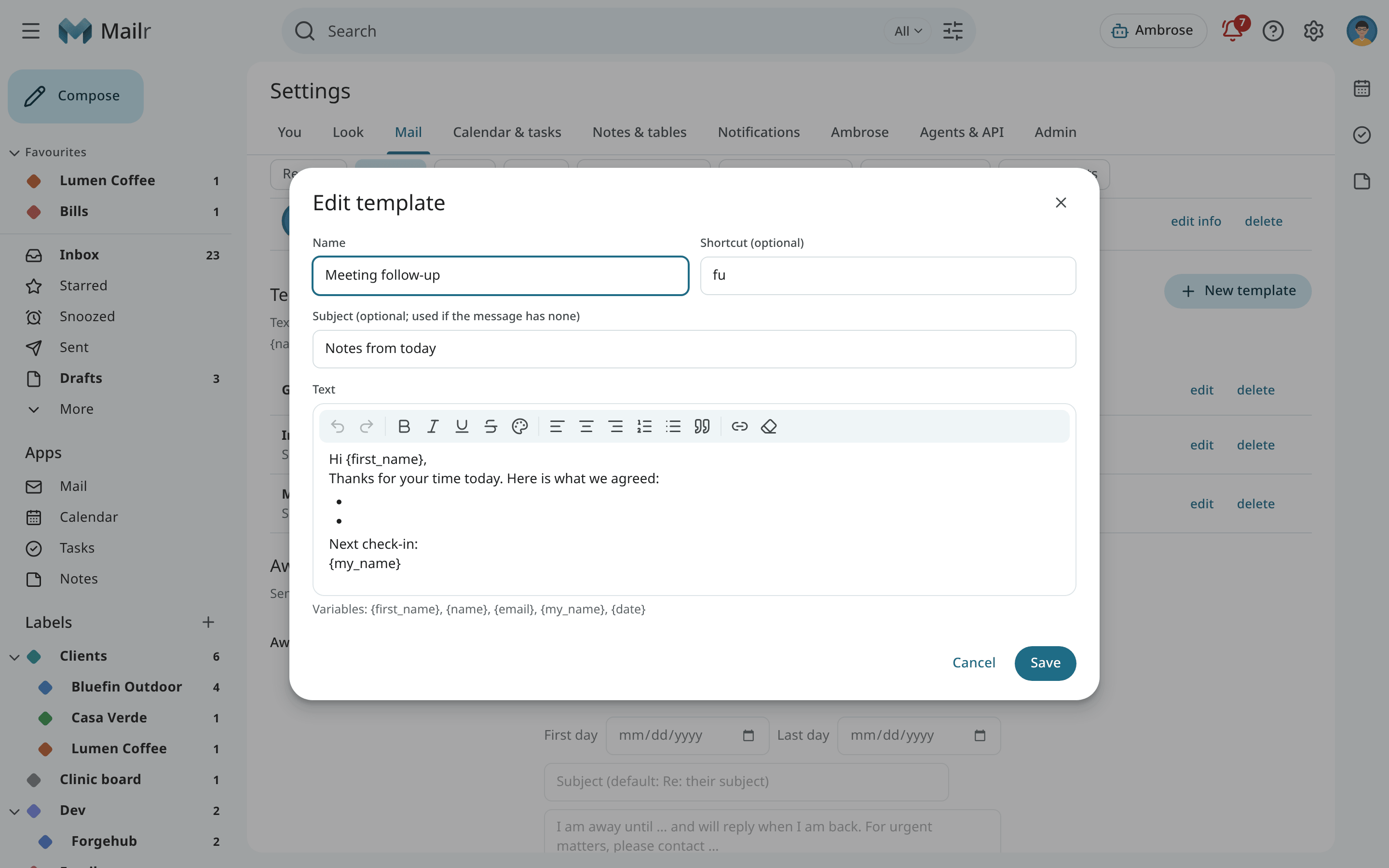 Settings → Mail → Writing → Templates