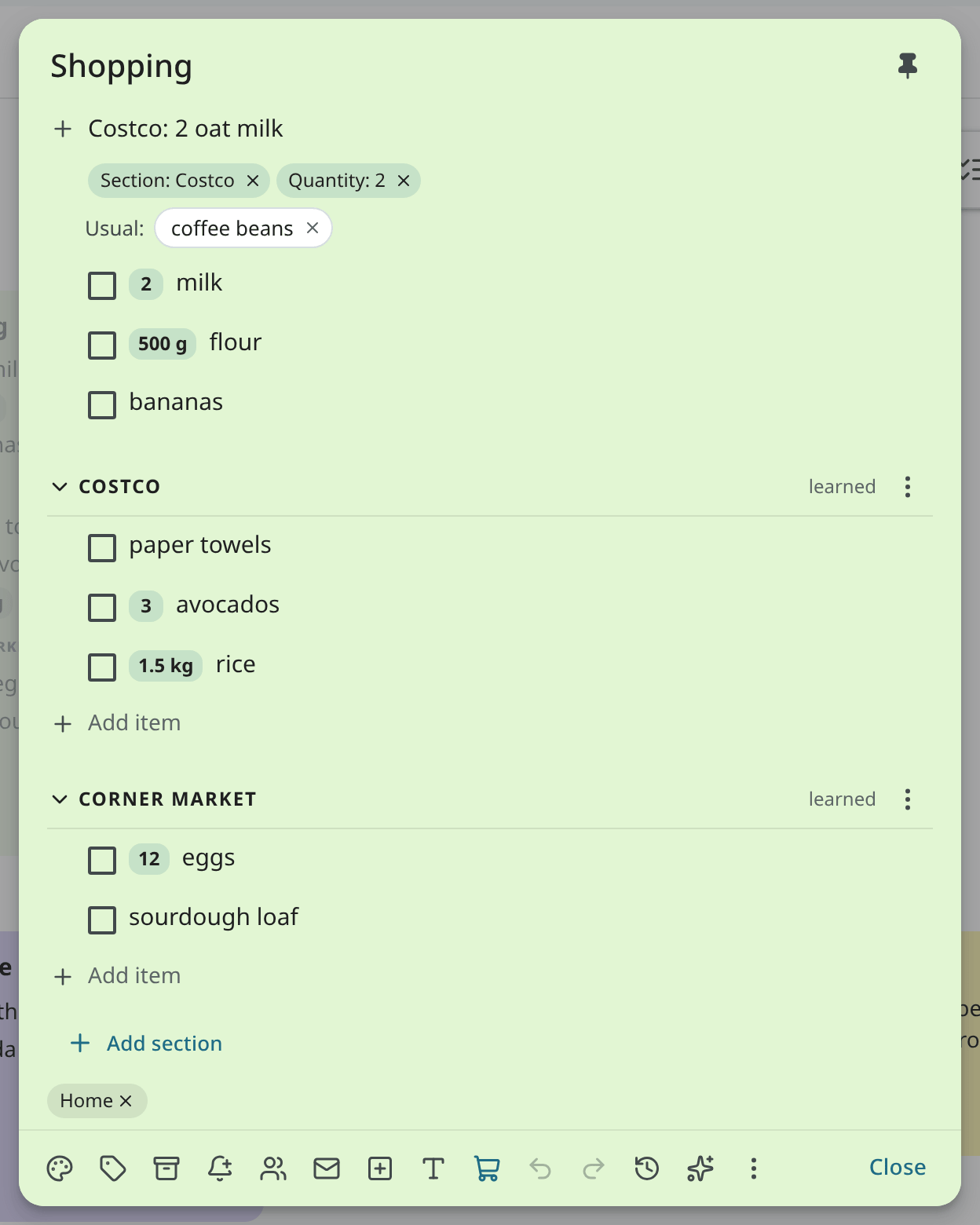 A shopping list with sections, quantities and usual items