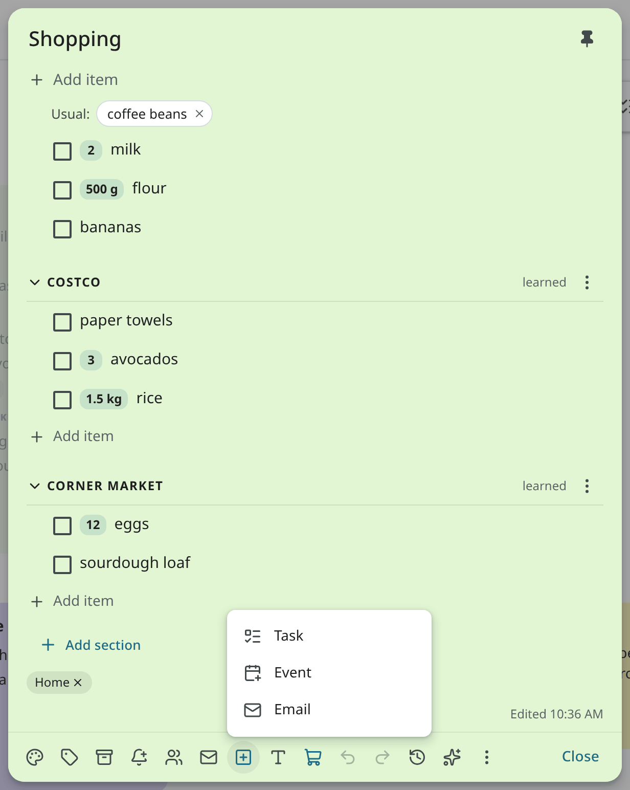Create from note in a note's toolbar