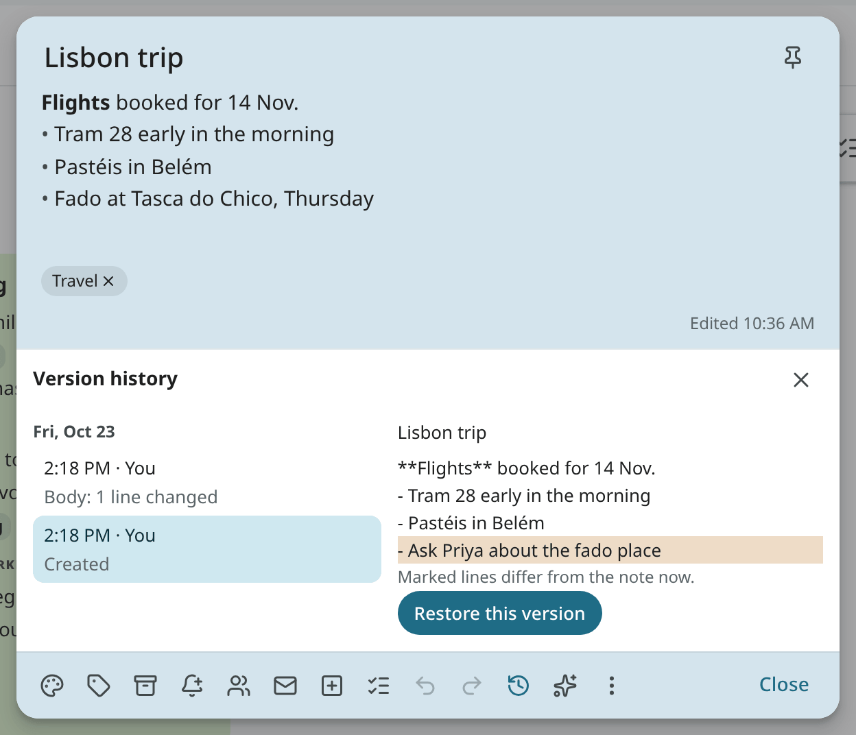 Version history of a note, with an earlier version selected