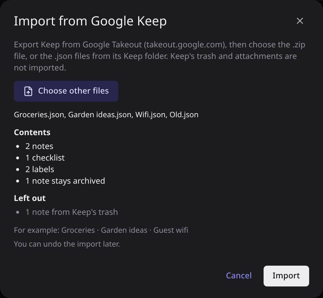 The Google Keep import, with the counts before the import