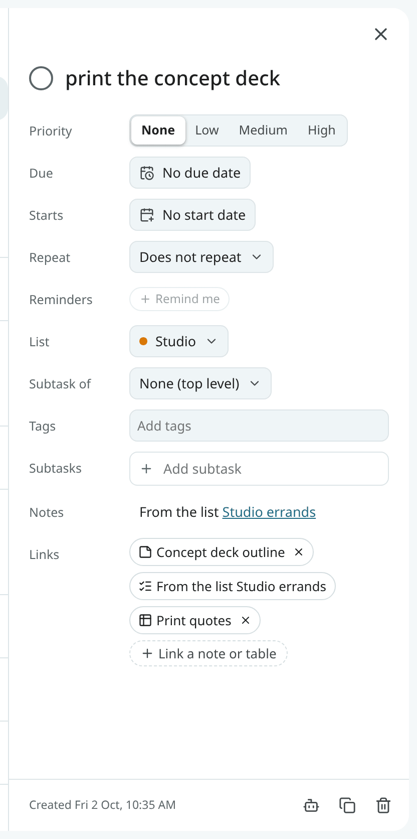 A task's links: a note, a table and the list it came from