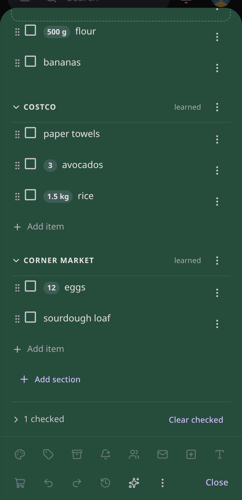 A list on a phone while offline: a tick and a new item wait