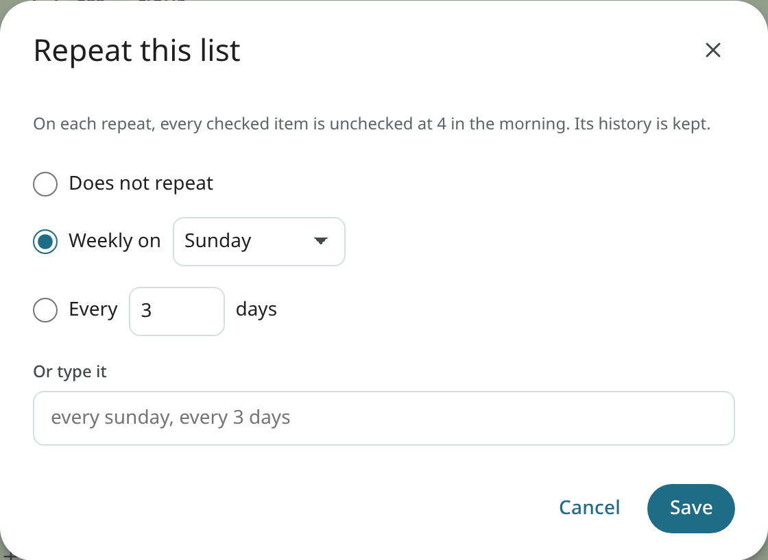 The Repeat dialog of a list: weekly on Sunday