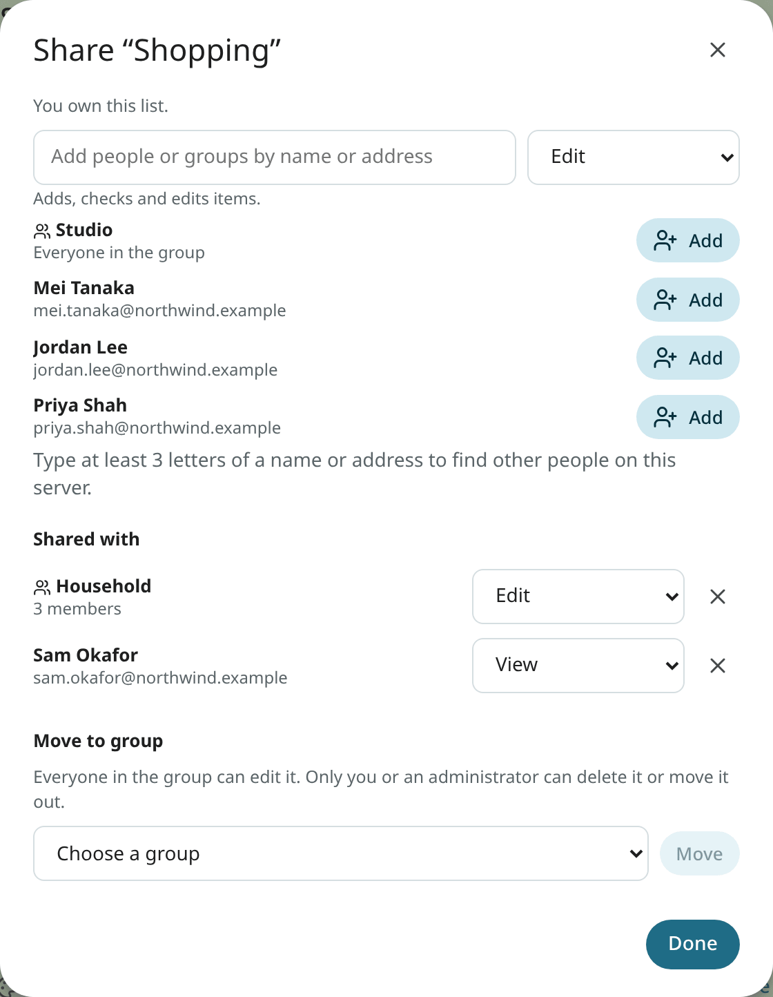 The Share dialog of a list: a person at View, a group at Edit, and Move to group