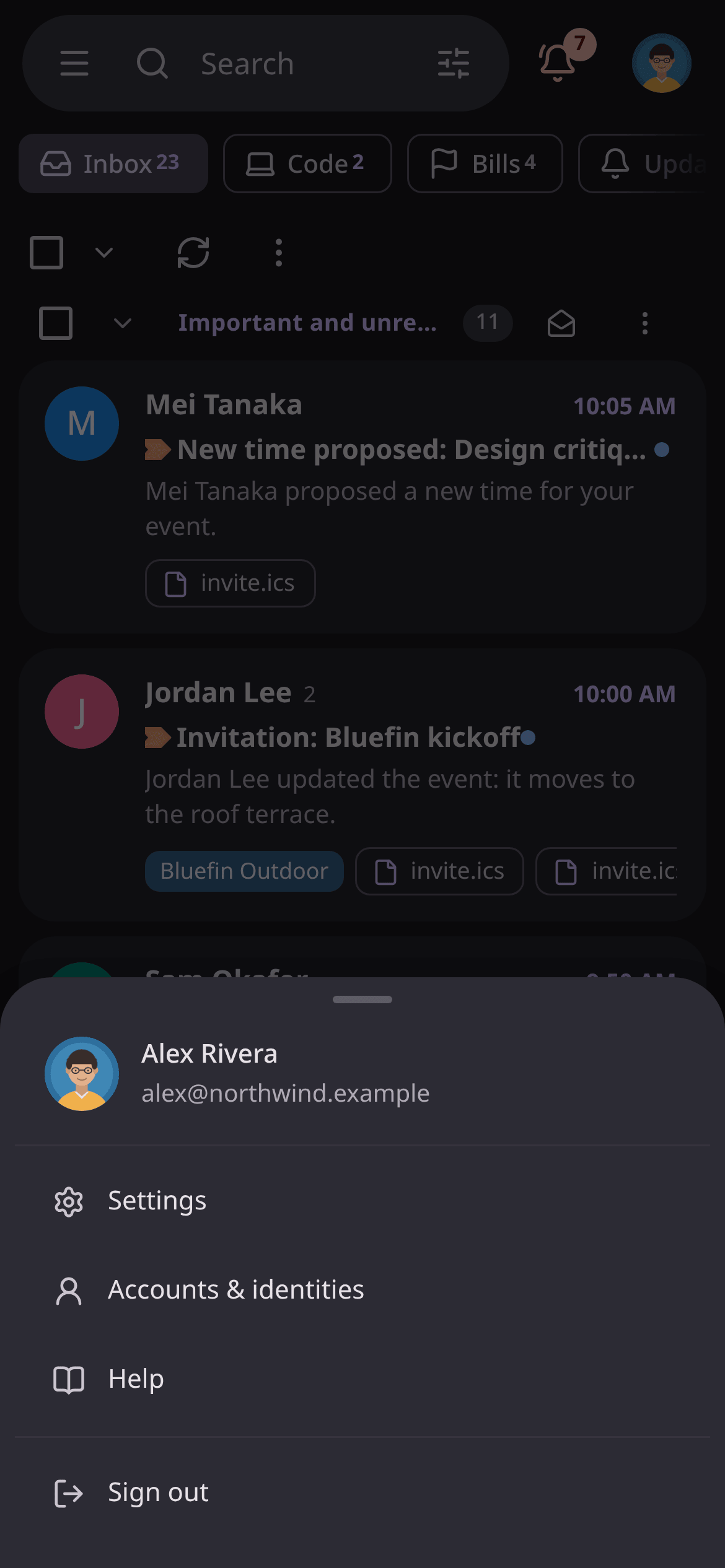 The account menu, as a sheet from the bottom