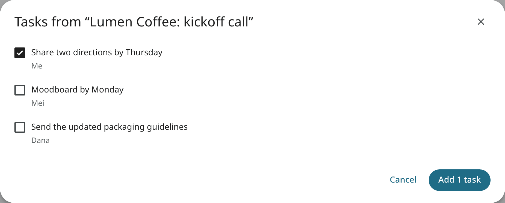 Proposed tasks from the Lumen kickoff