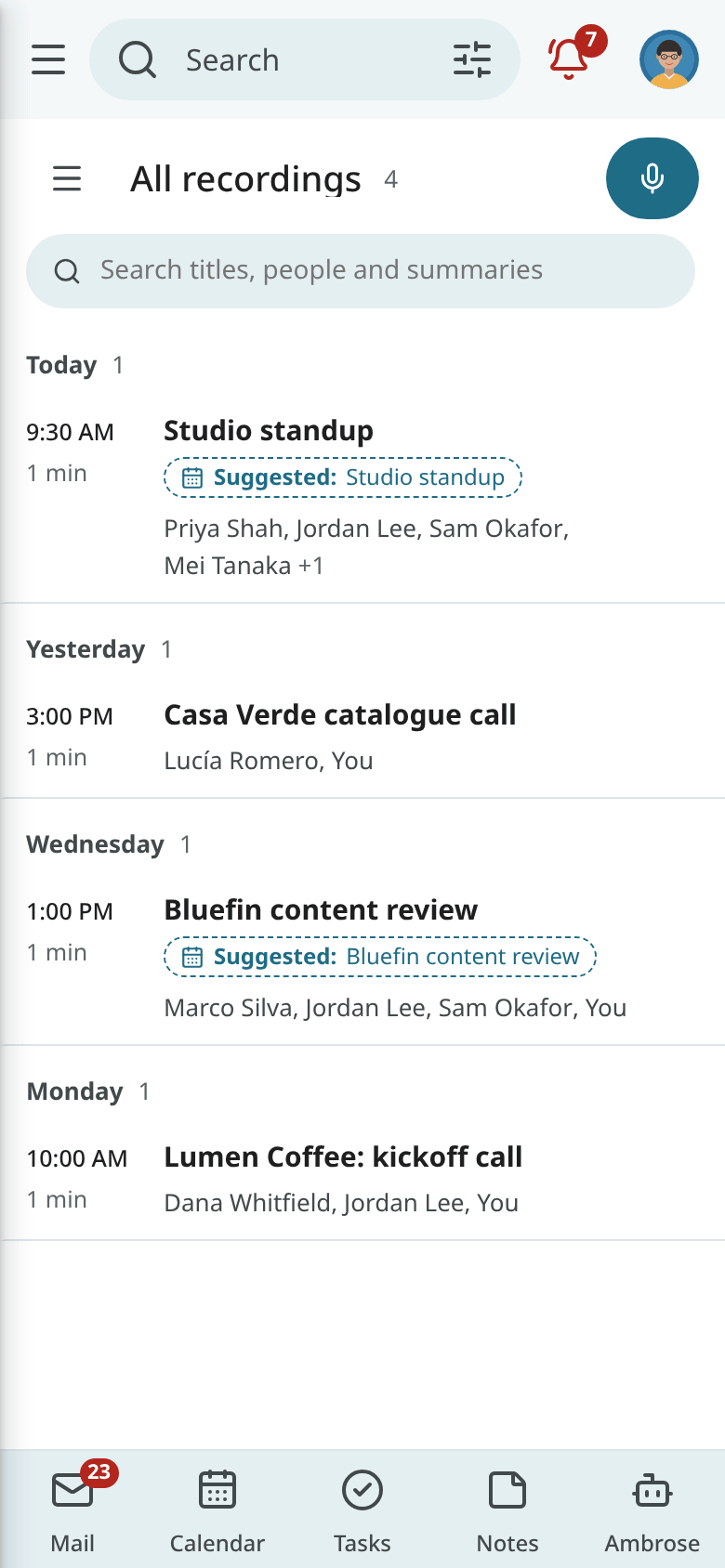 The Recordings app on a phone-sized browser window