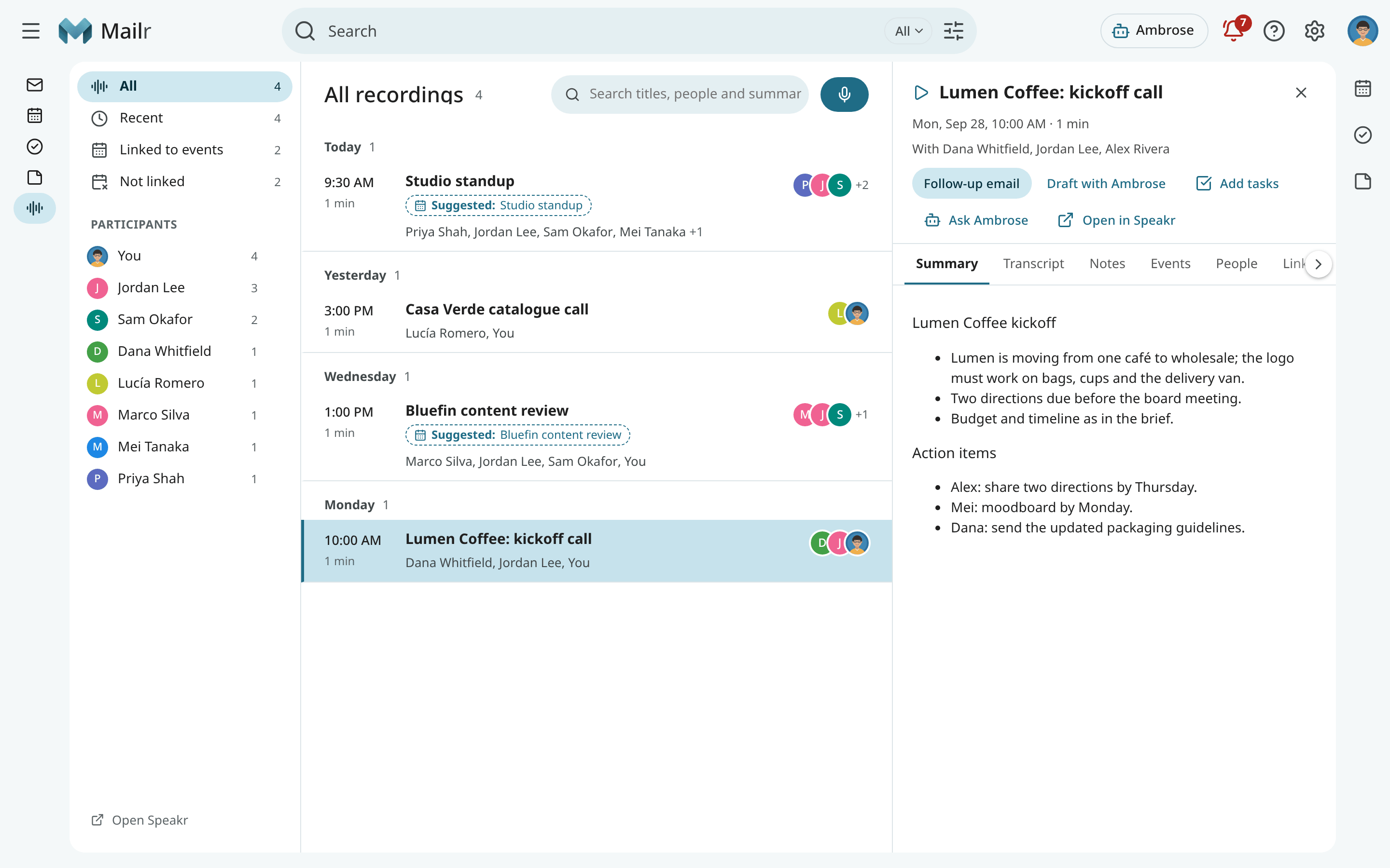 The Recordings app, with the Lumen kickoff recording open on its summary