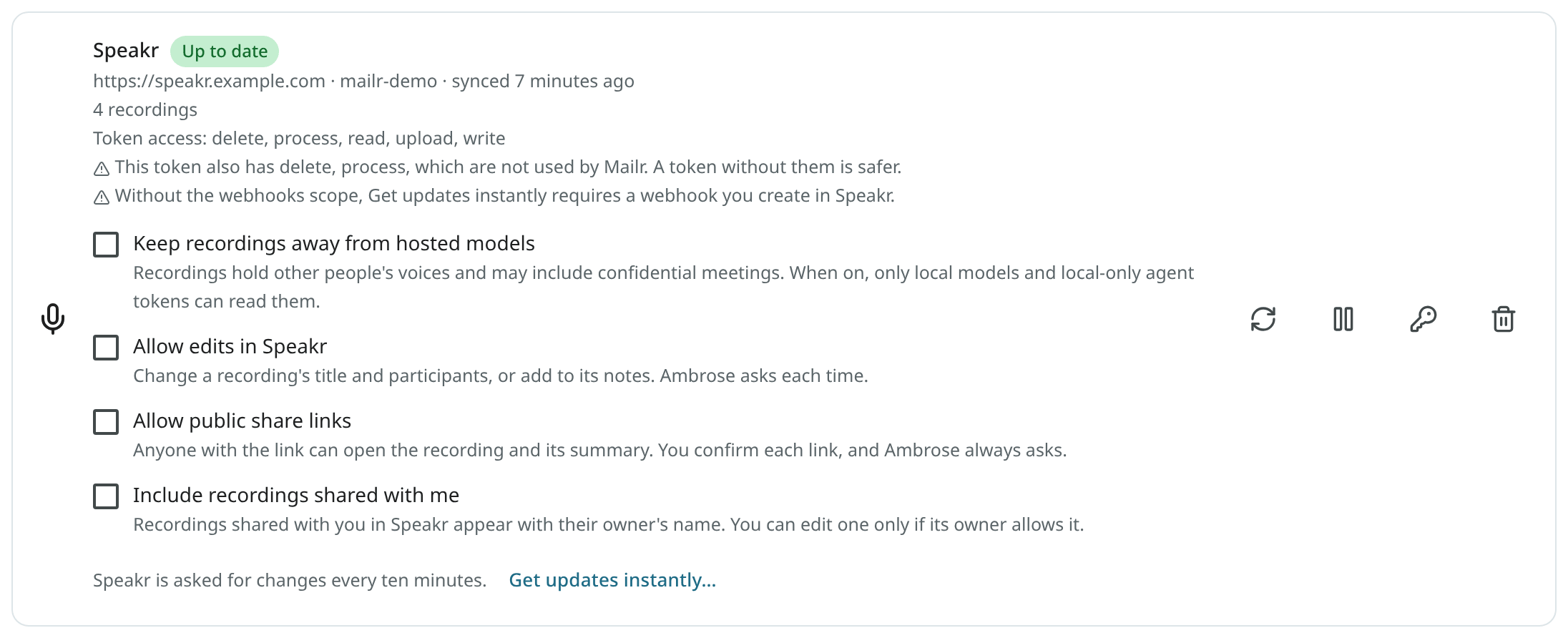 The Recordings (Speakr) card in Settings, Accounts