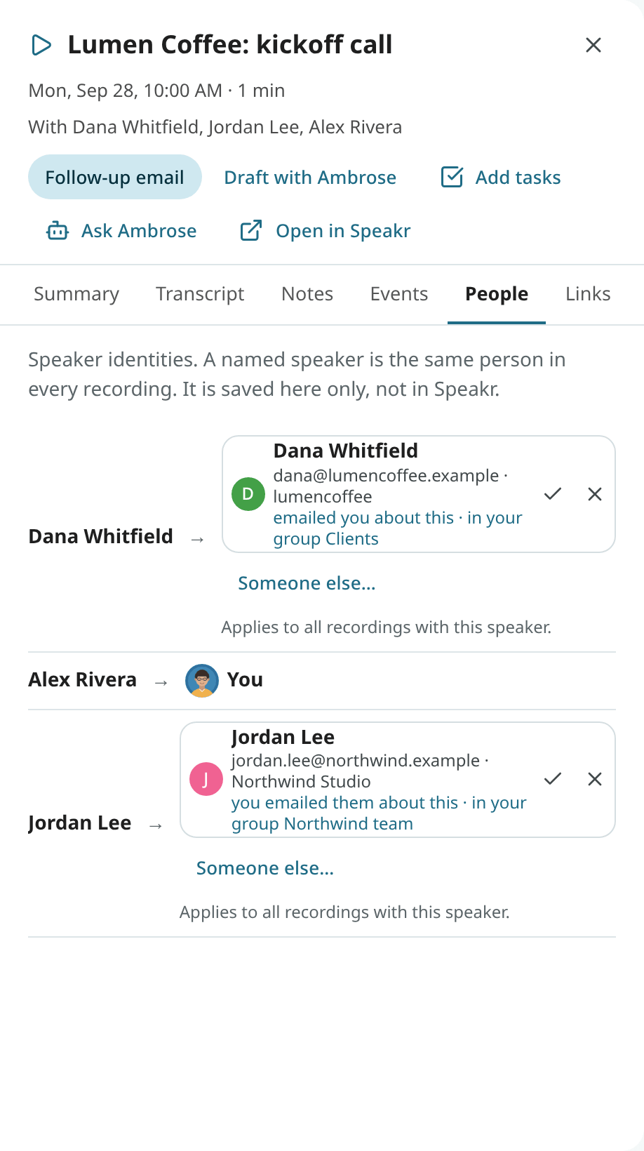 The People tab of a recording, with suggested people for each speaker