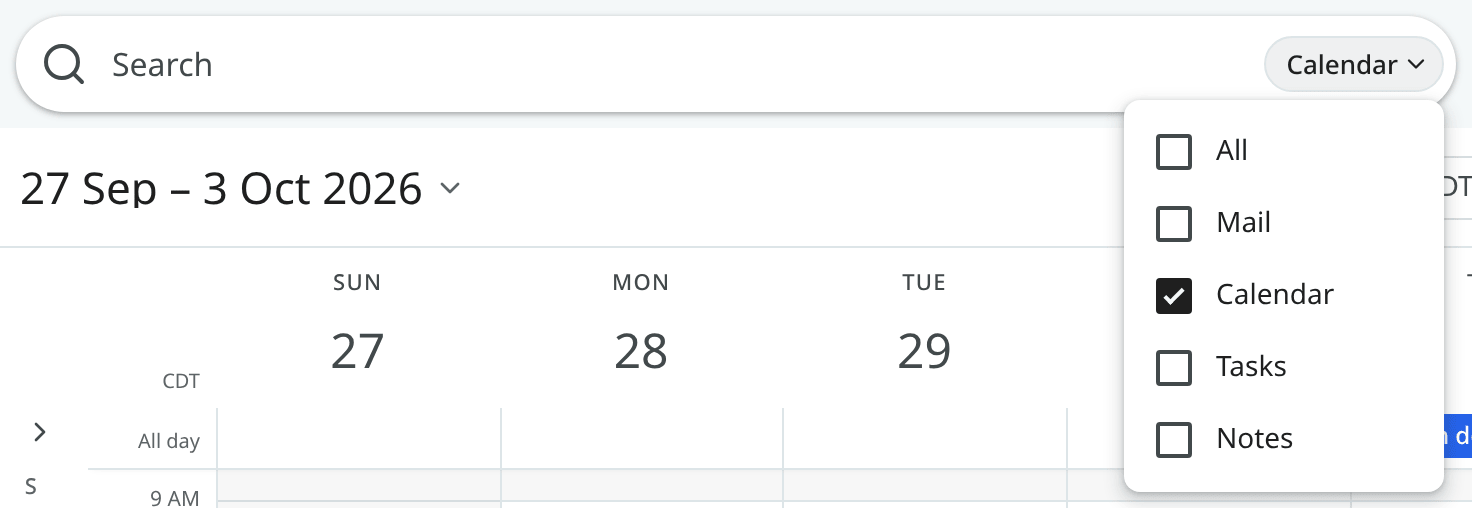 The search box on Calendar, with its chip