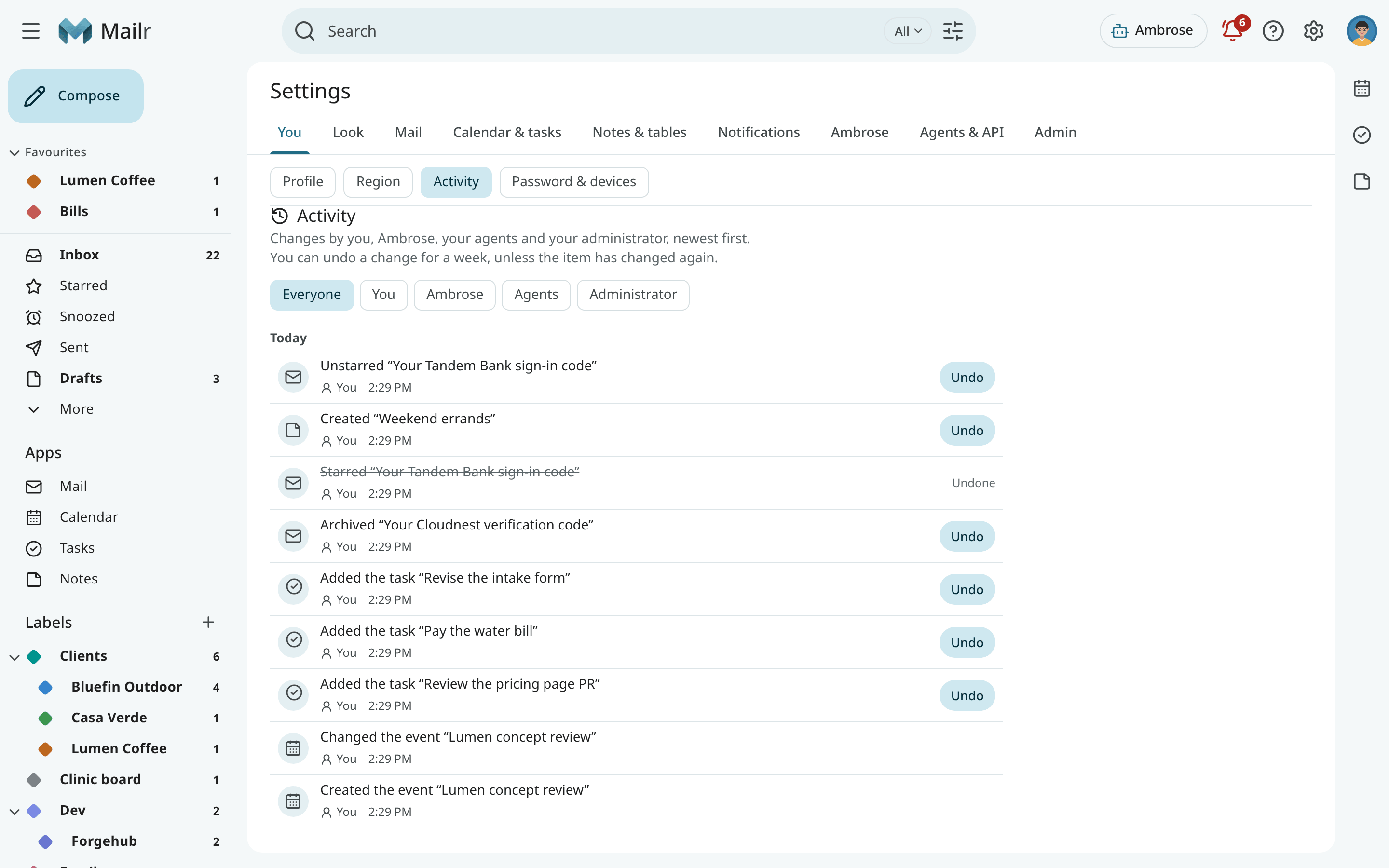 Settings, Activity, with a list of today's changes and an Undo on each