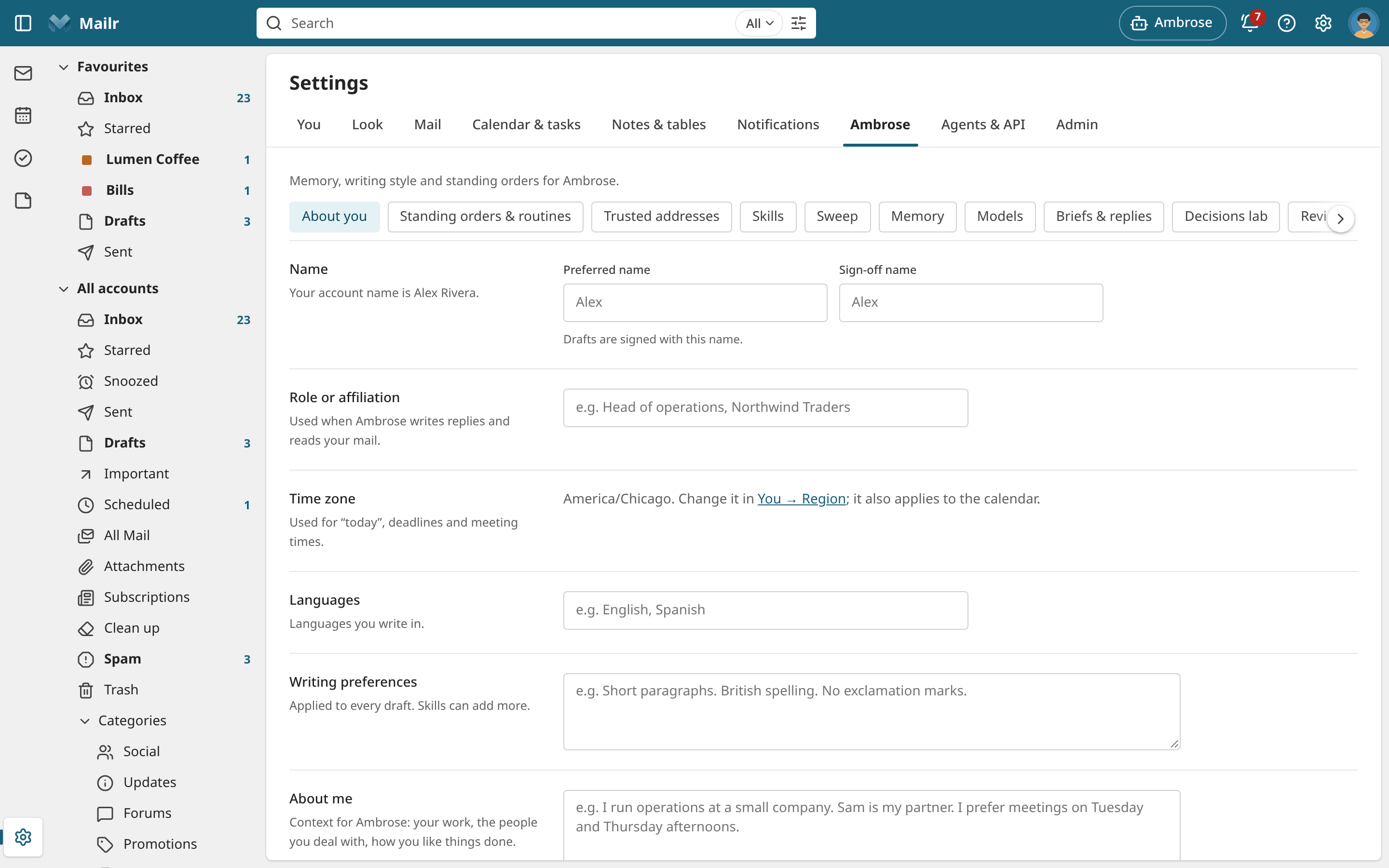 Settings → Ambrose → About you in the Workspace style