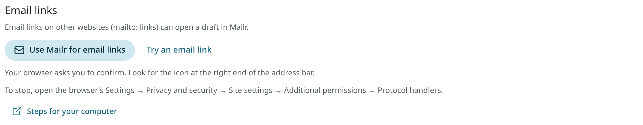 Settings → Mail → Writing → Email links in Chrome