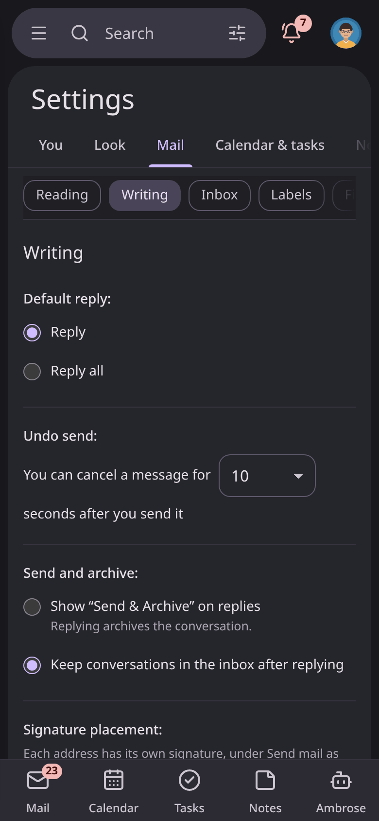 Settings → Mail → Writing on a phone, in the Cards style, dark