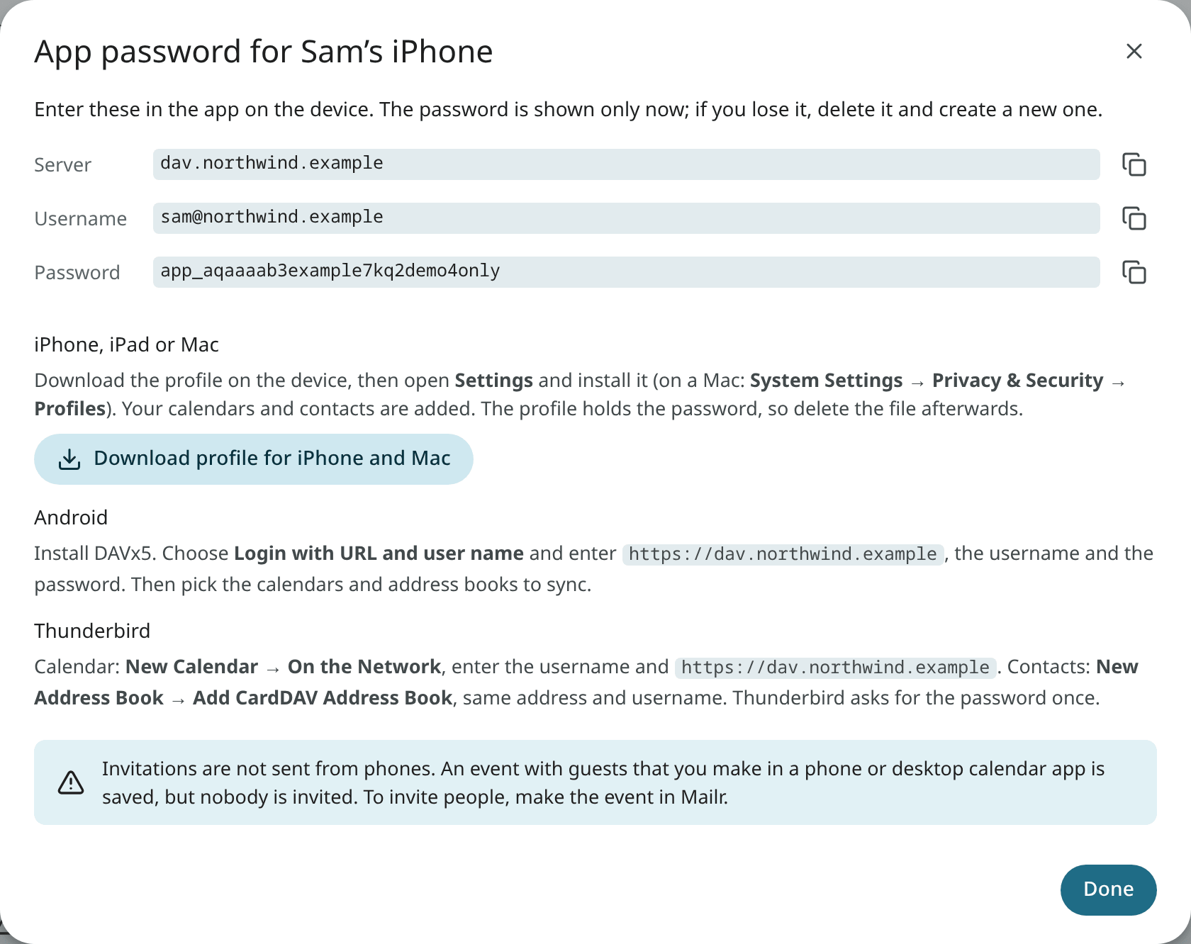 A new app password, shown once, with the profile for iPhone and Mac