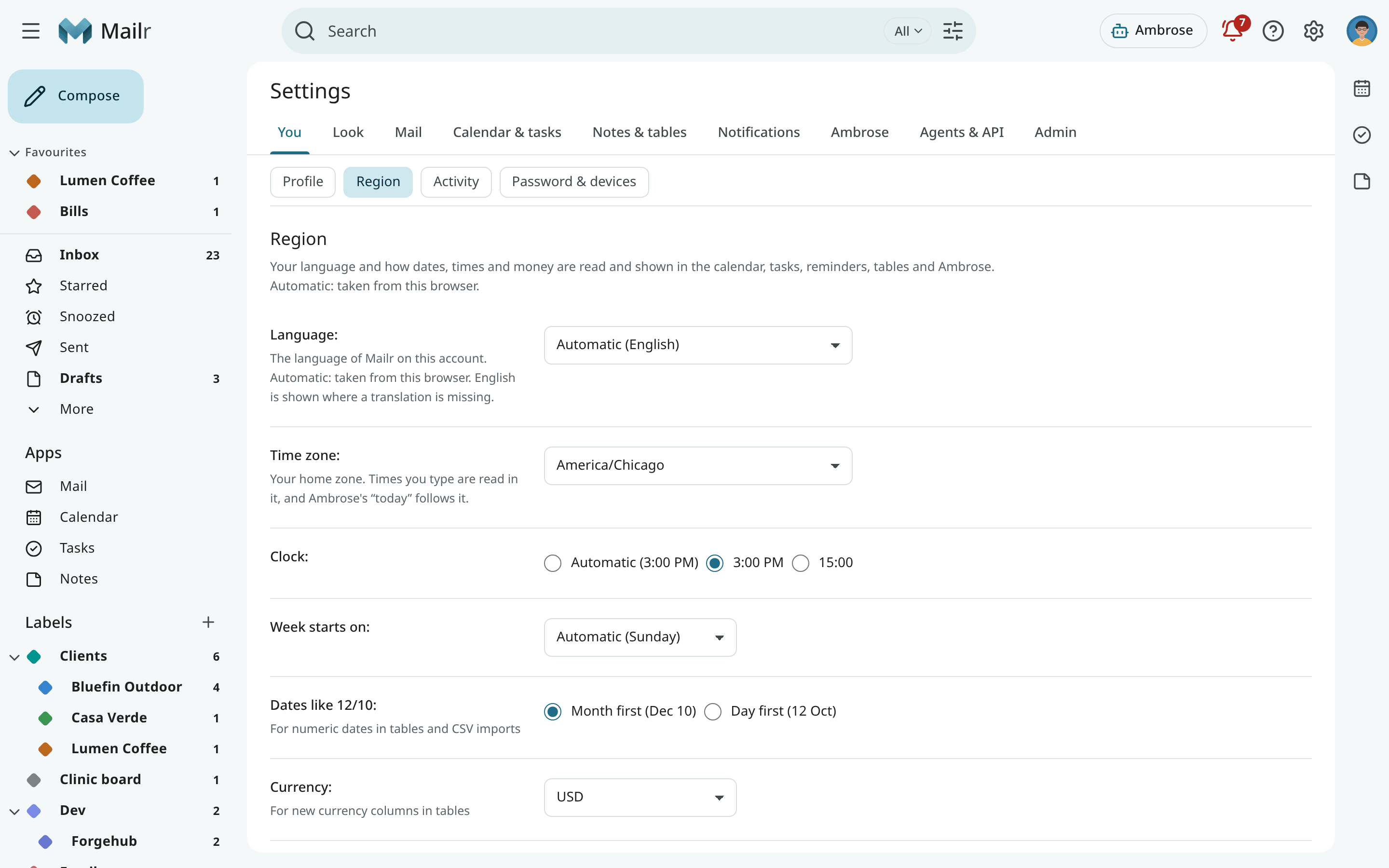 Settings → You → Region in the Classic style