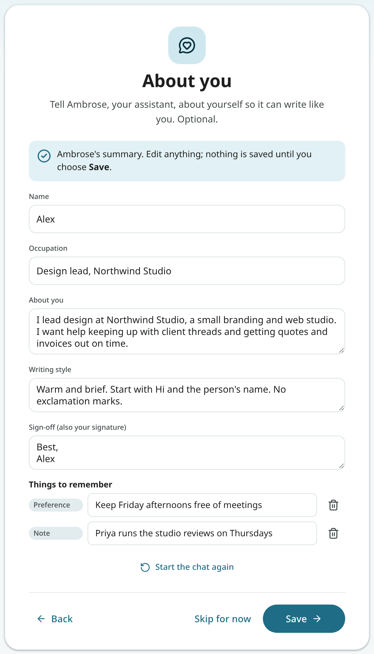 The summary to review before saving