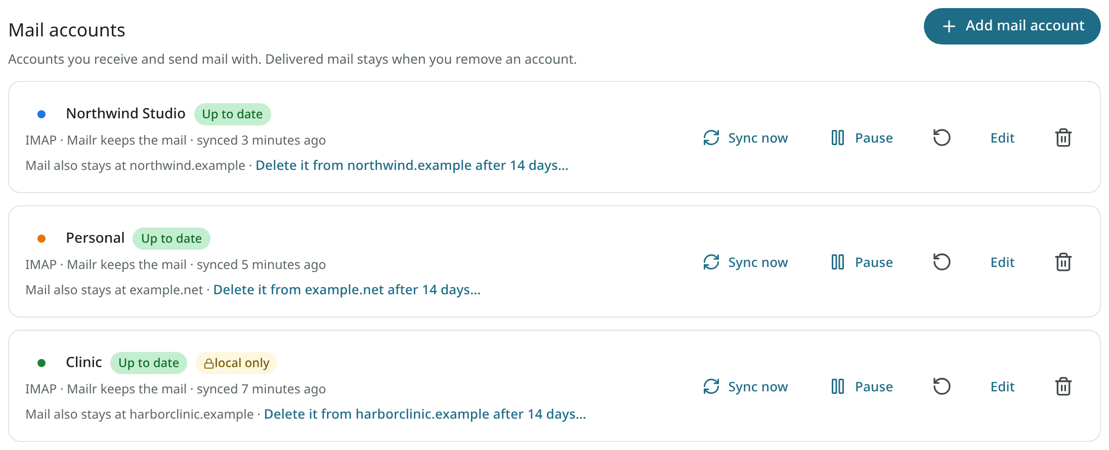 Settings → Mail → Mail accounts, with three connected accounts