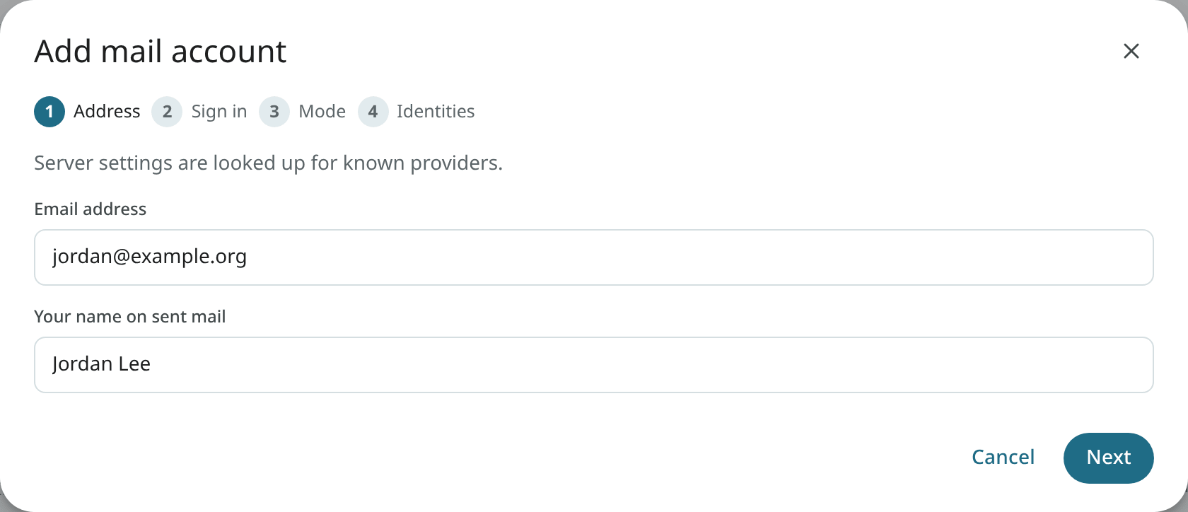 Step 1 of the Add mail account wizard