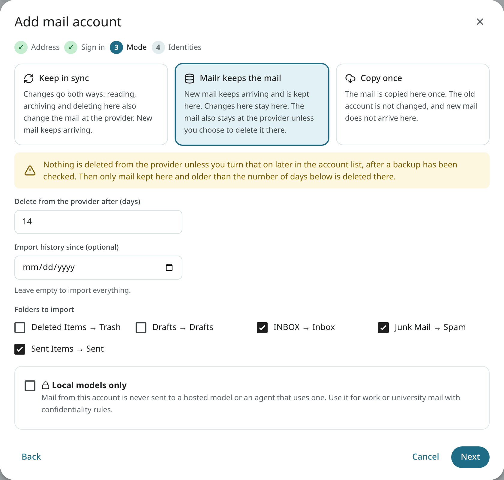 Step 3: choosing the account mode