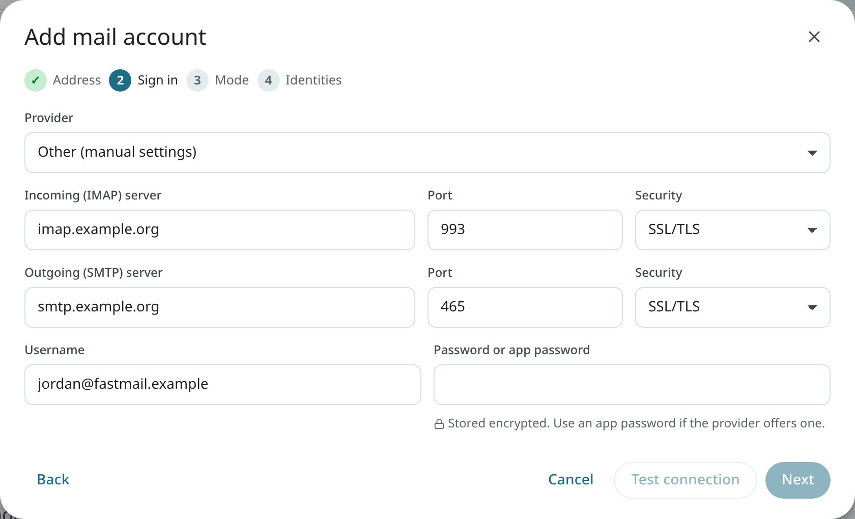Step 2: server settings and sign-in
