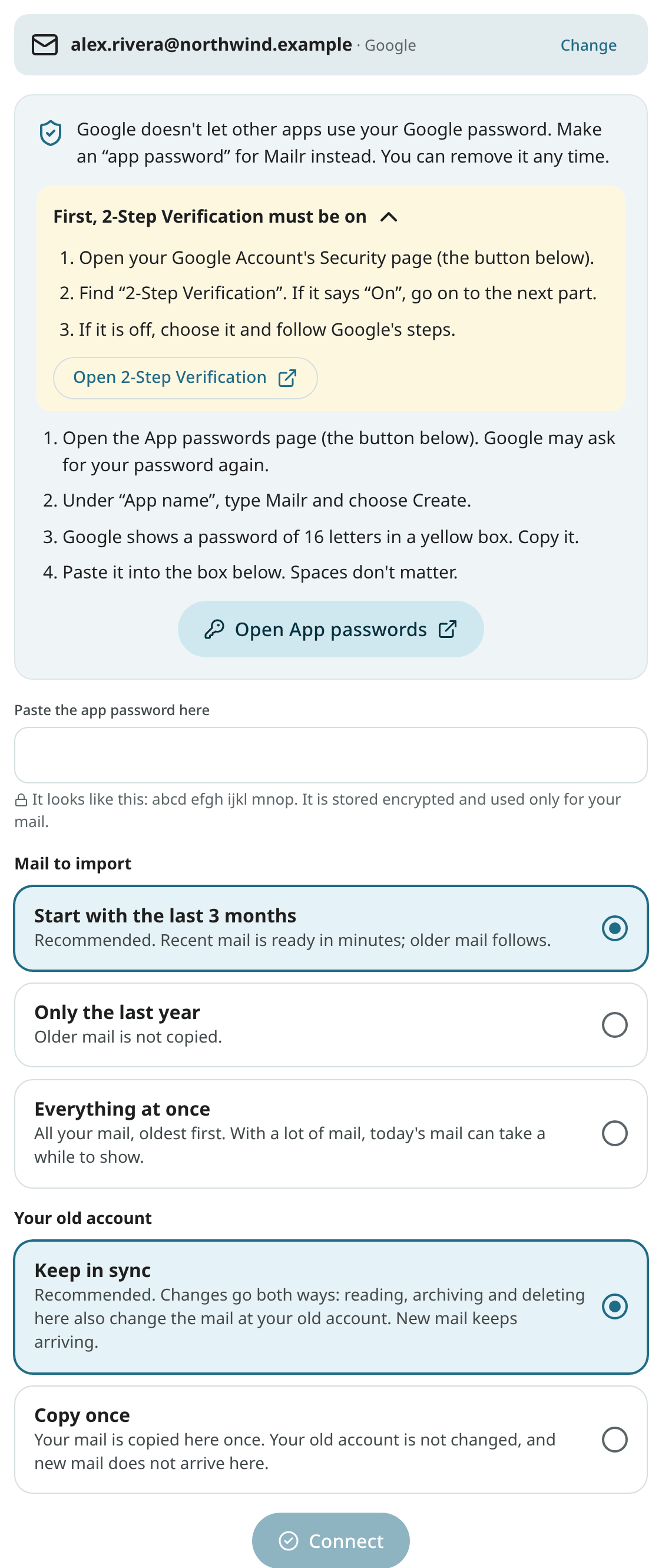 Connecting a Gmail account, with the app password help