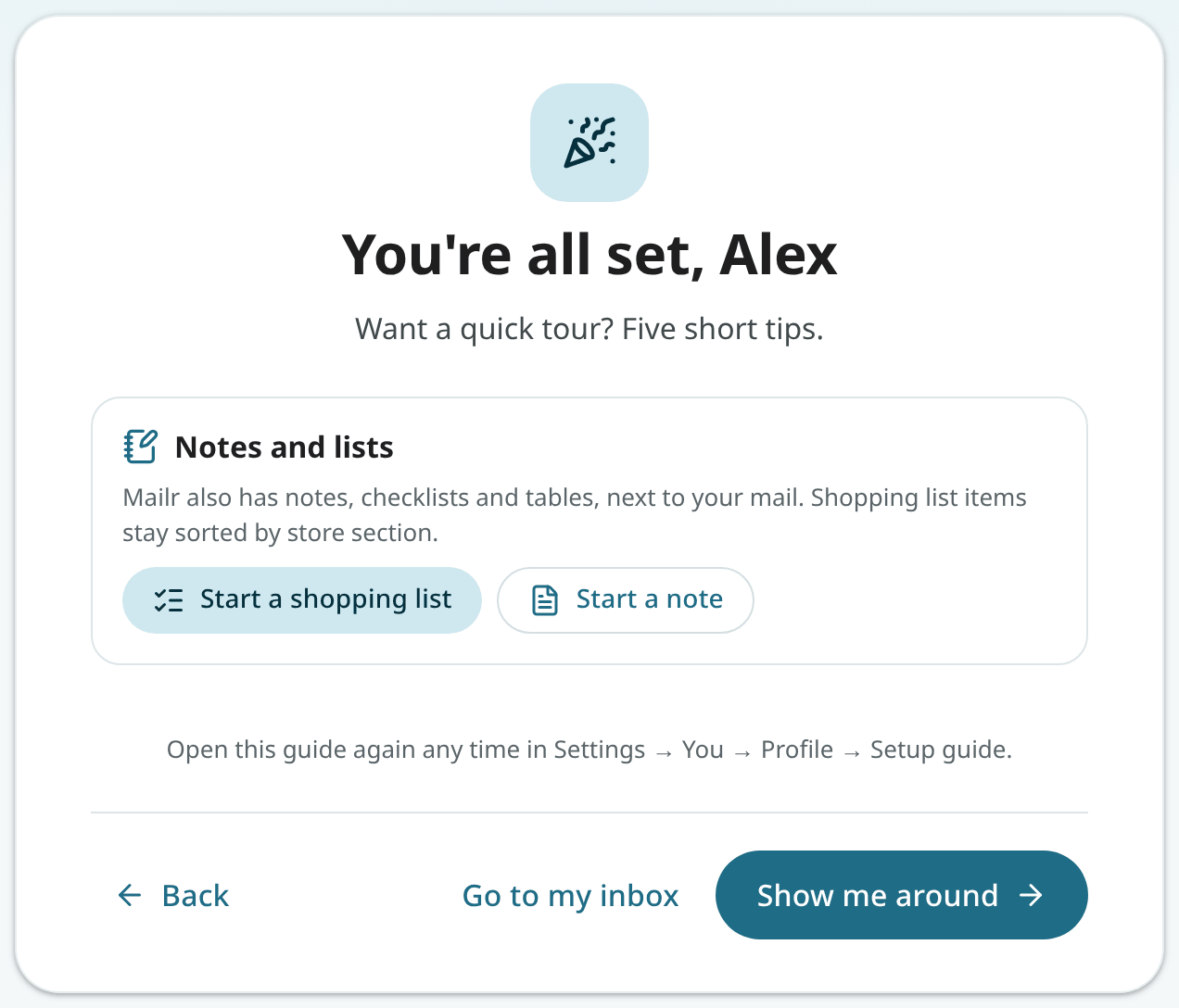The last screen with the Notes and lists card