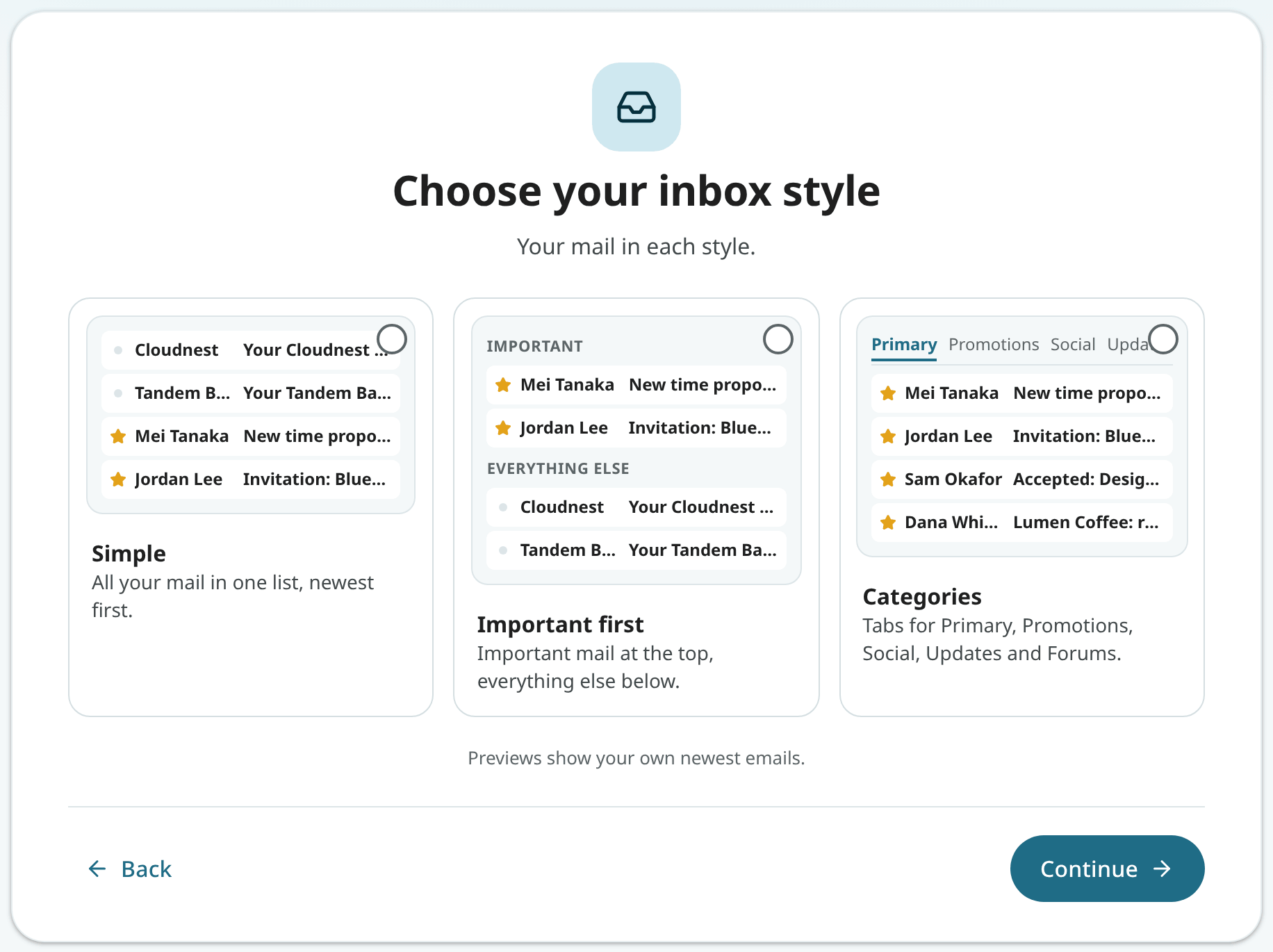 The three inbox styles, previewed with your own mail