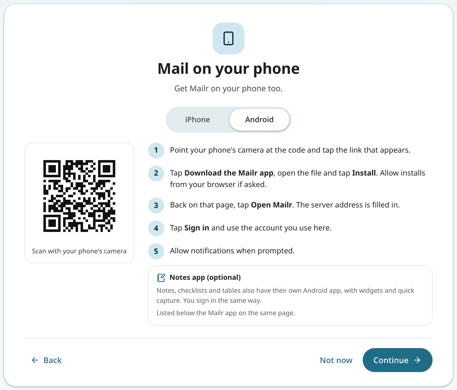 The phone step with the QR code for Android