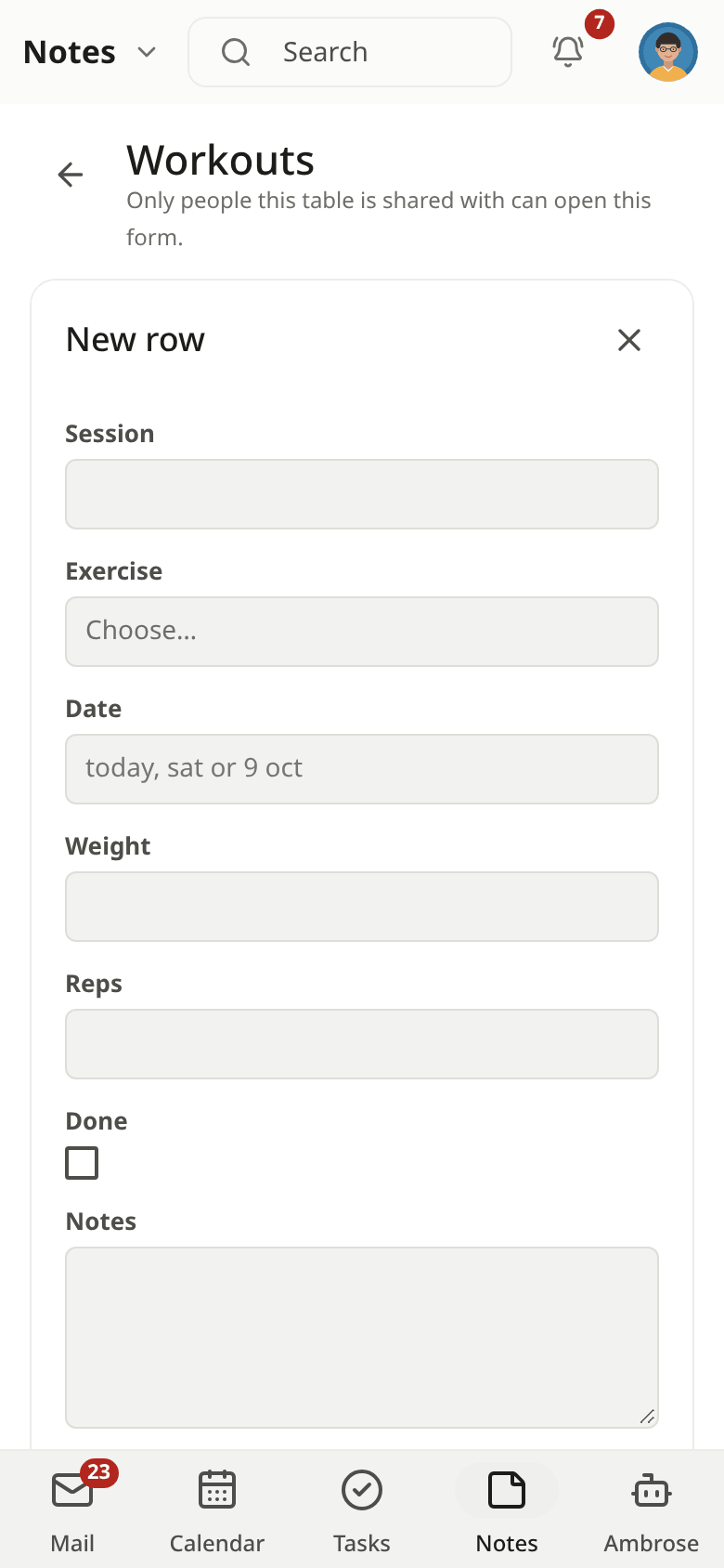 The Add-a-row form of a table on a phone