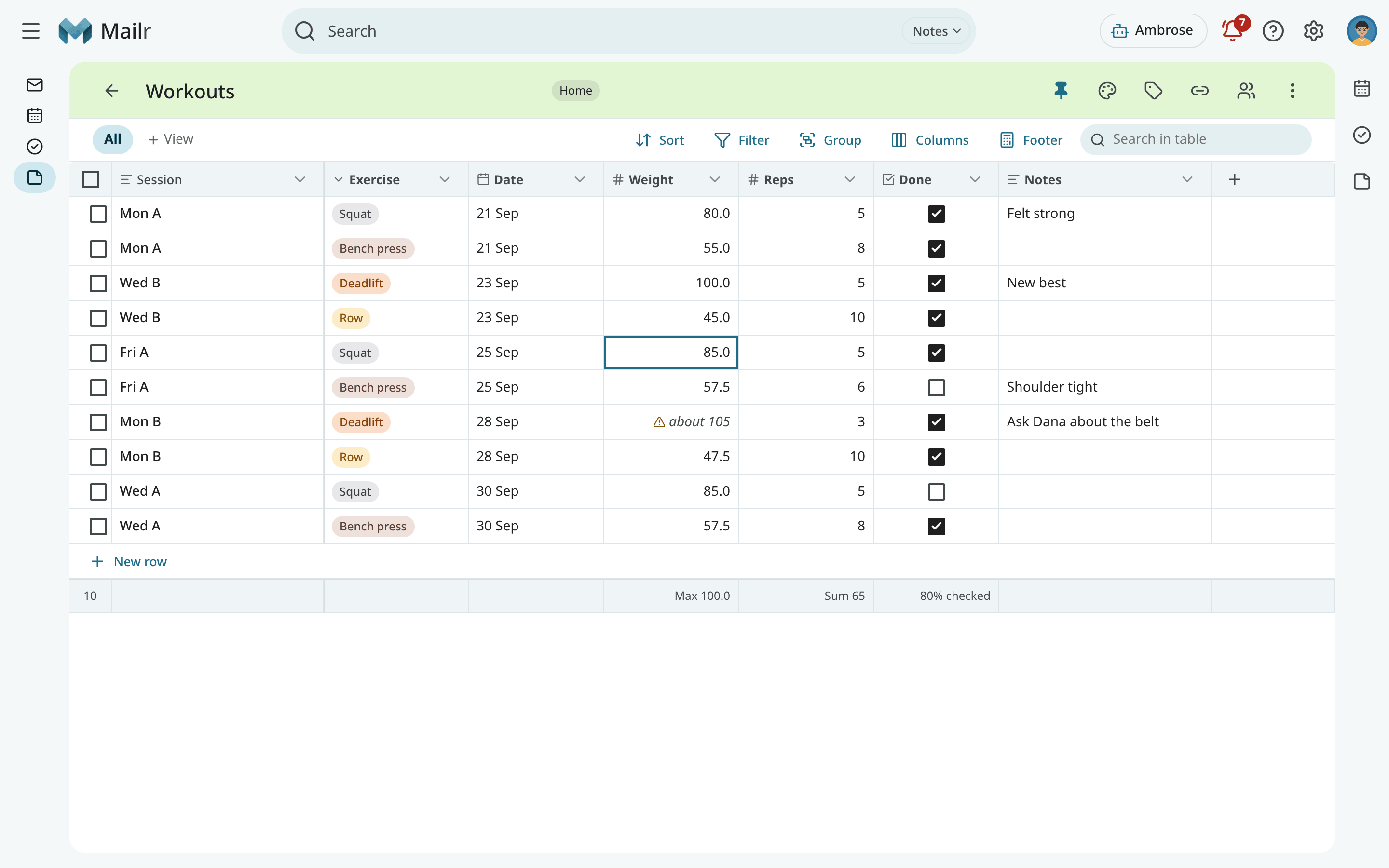 A workout log with options, dates, numbers, checkboxes and footer totals