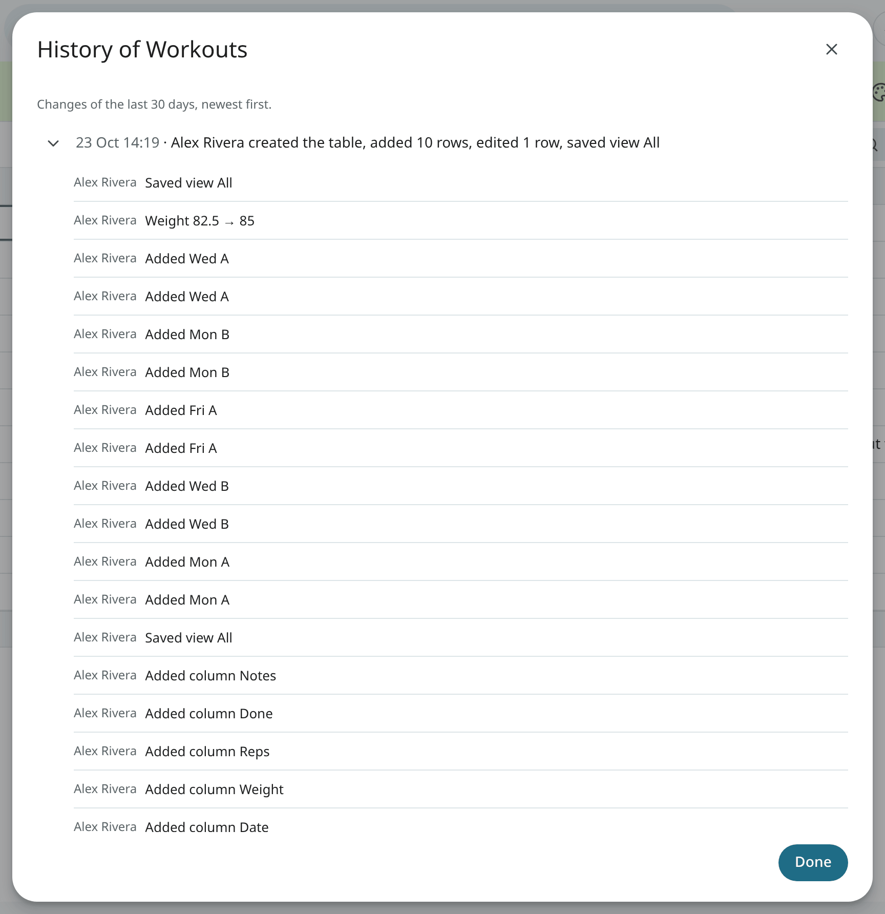 The history of a table, grouped by session