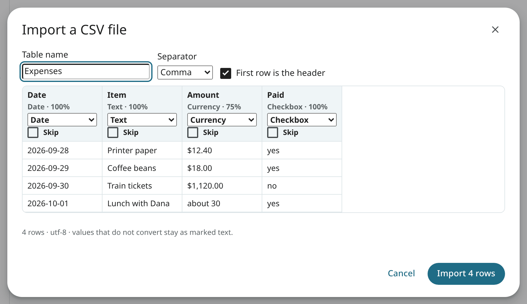 The CSV import preview with the types found for each column