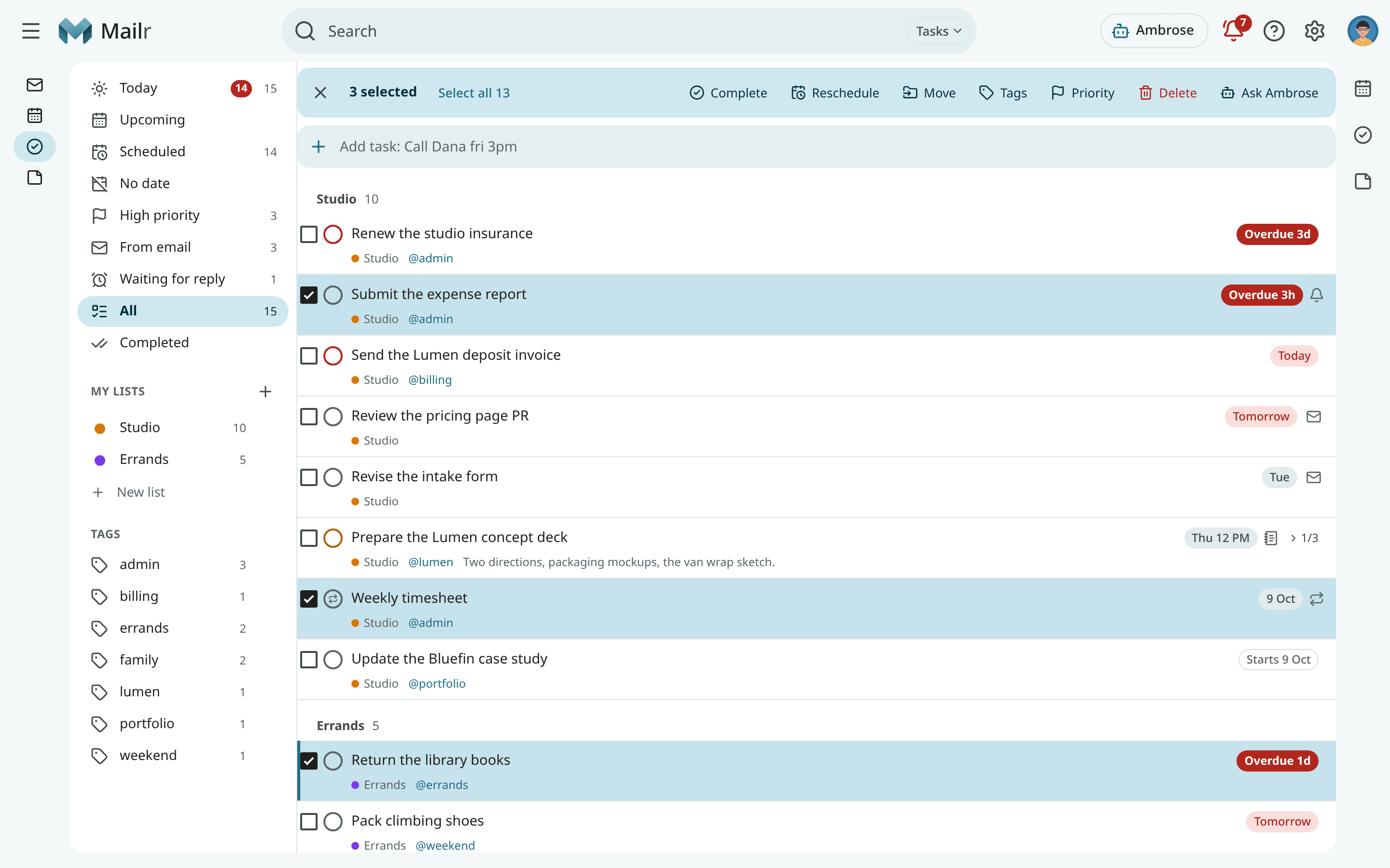 Several tasks selected, with the selection bar
