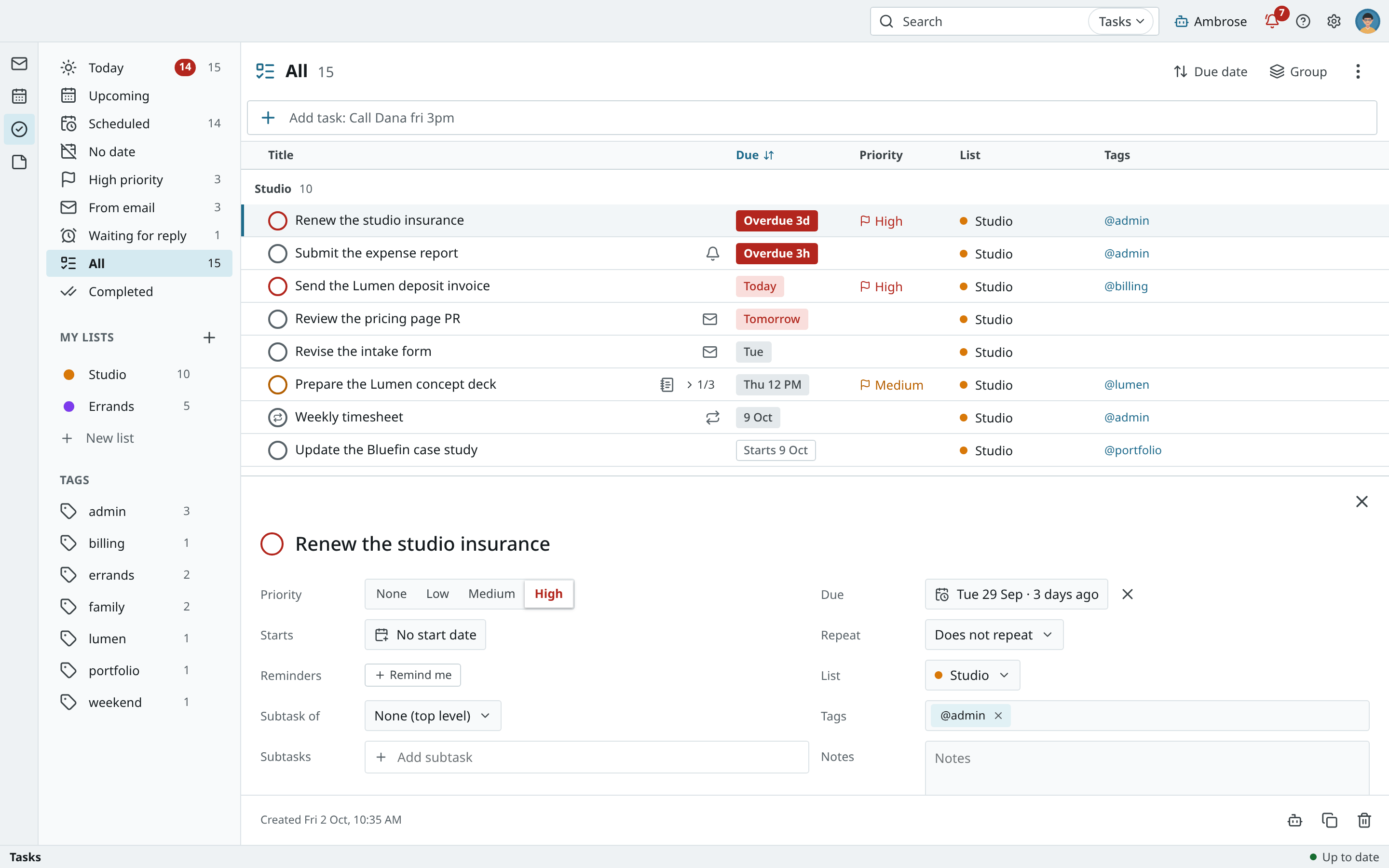 The Tasks app in the Desk style, as a sortable table