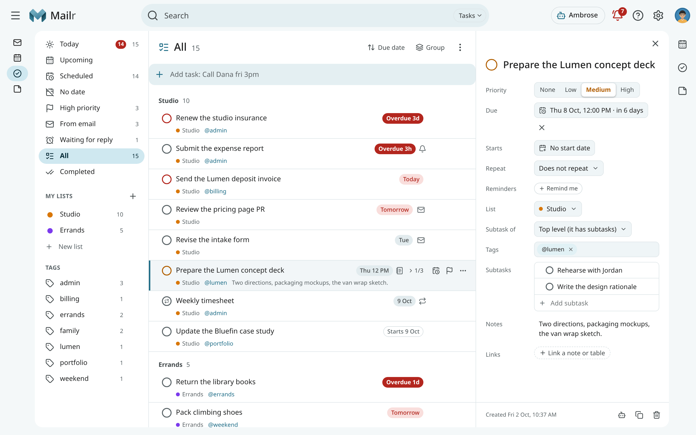 The task details pane for "Prepare the Lumen concept deck", with three subtasks