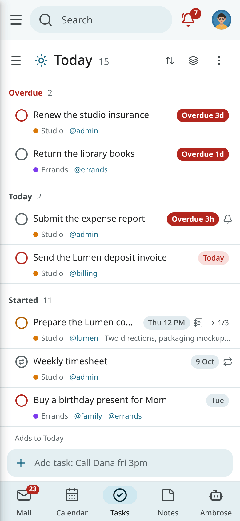 Tasks on a phone-sized browser window