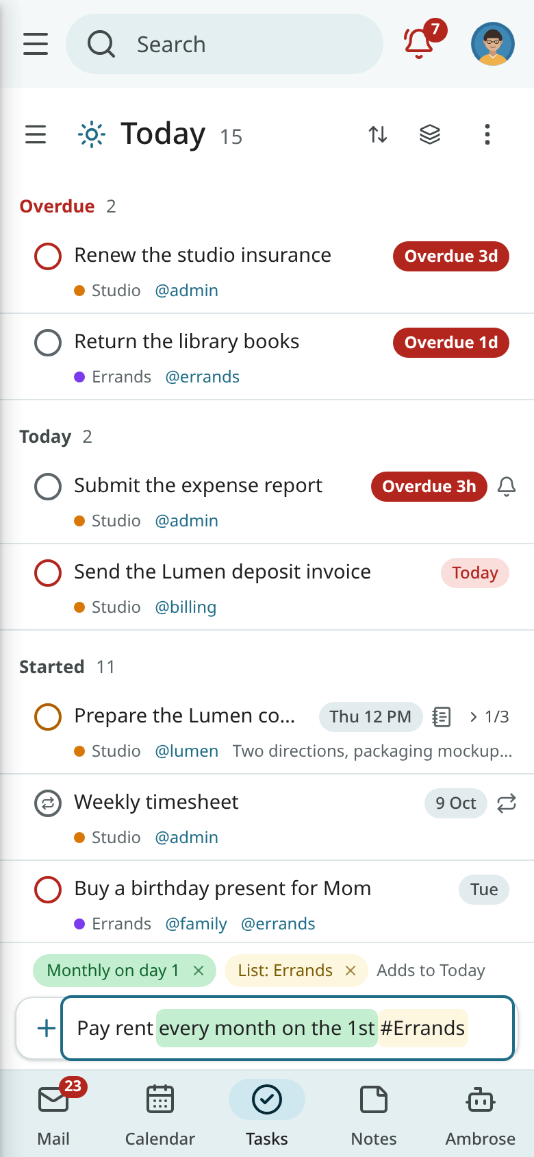 The Tasks quick-add bar on a phone-sized browser window