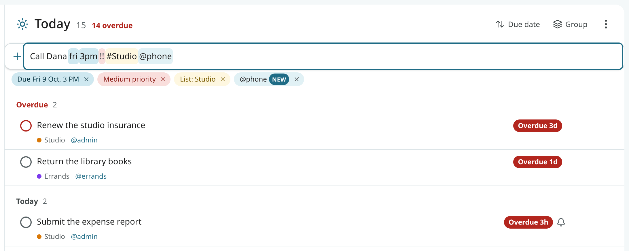 The quick-add bar with parsed chips for date, priority, list and tag
